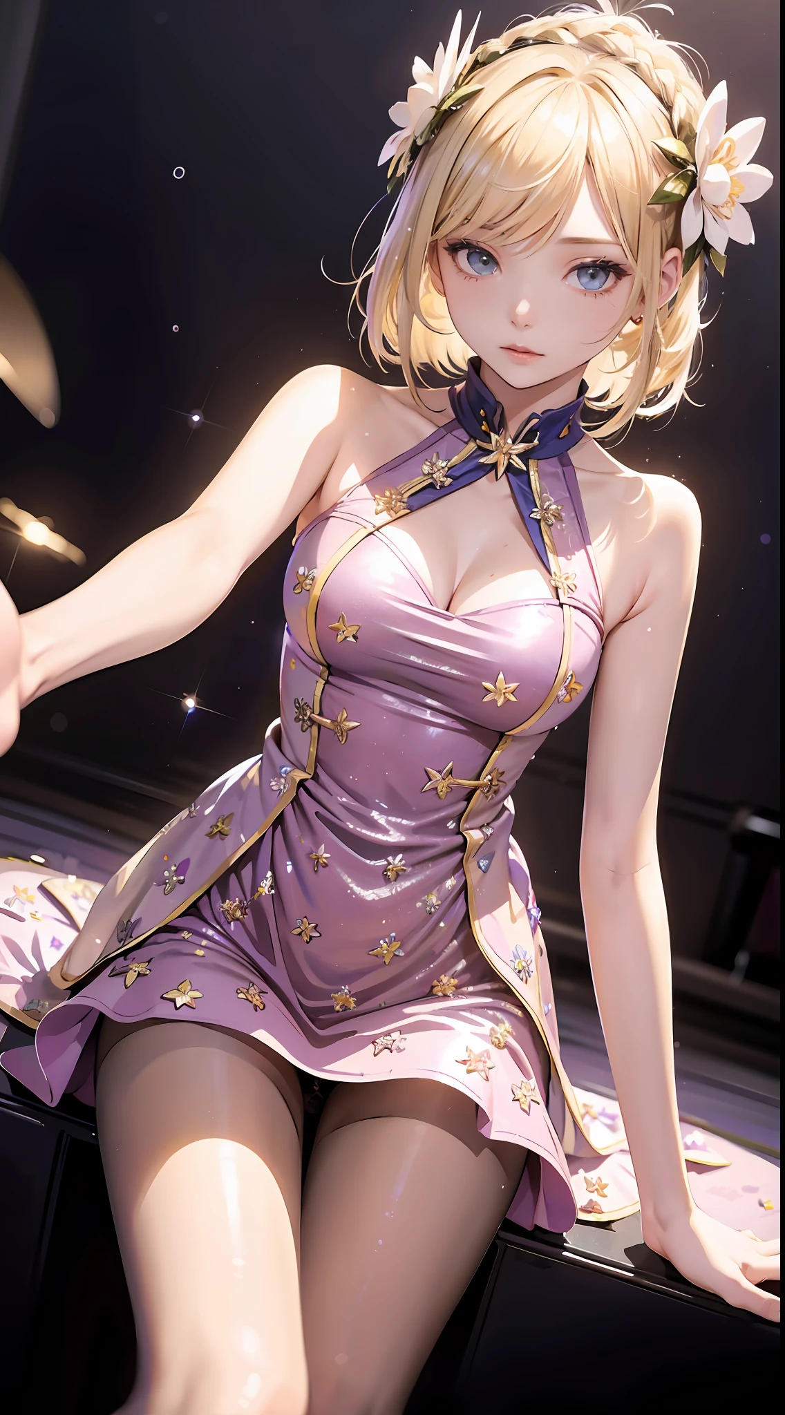 (best quality, masterpiece), 1girl, galaxy, glitter, dress, particle, wind, flower, upper body, dark simple background, looking at viewer, blonde,