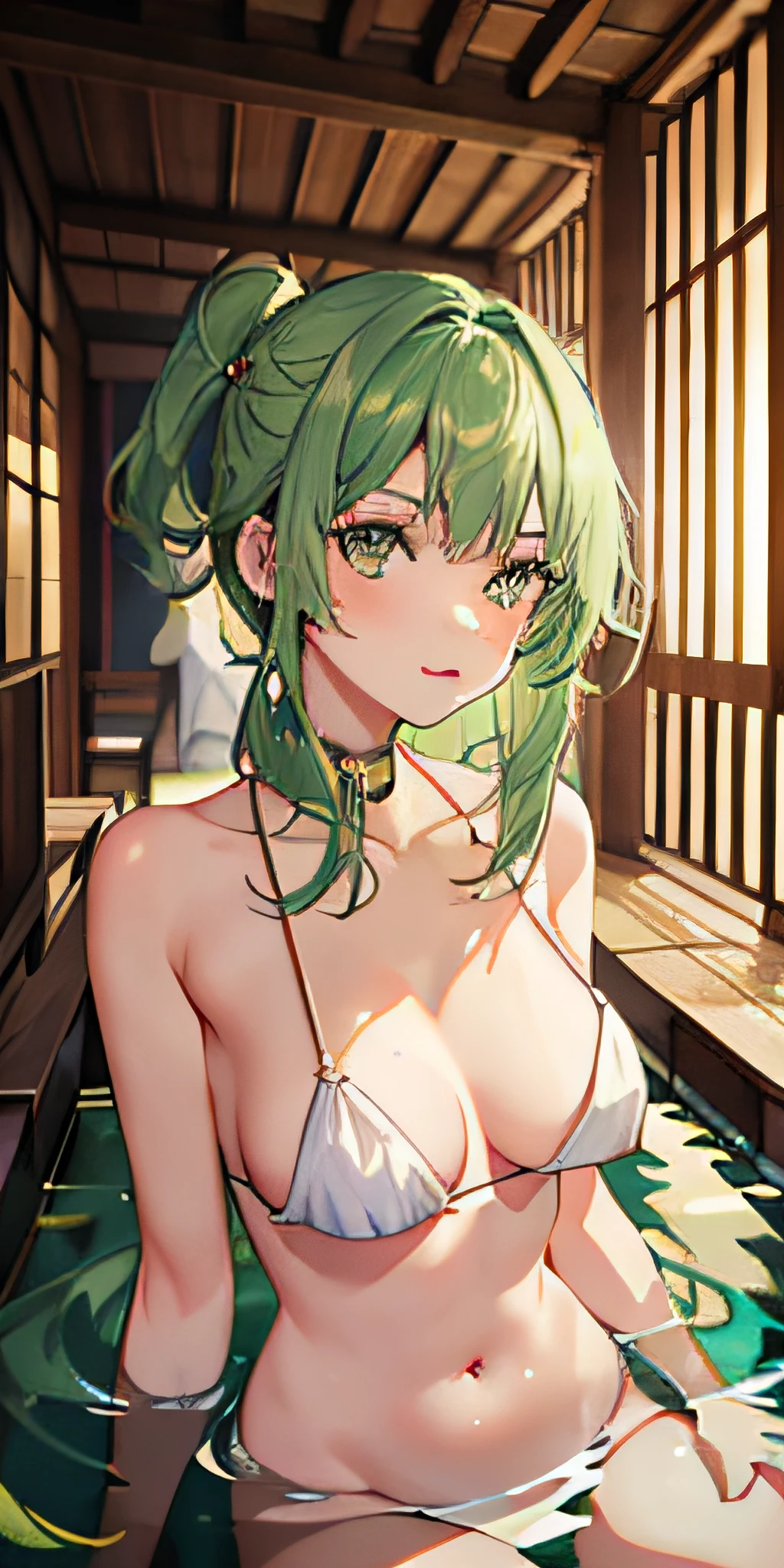 1girl, Green hair, Green eyes, sportrait, photorealestic, (onsen), sidelighting, wallpaper, nsfw,