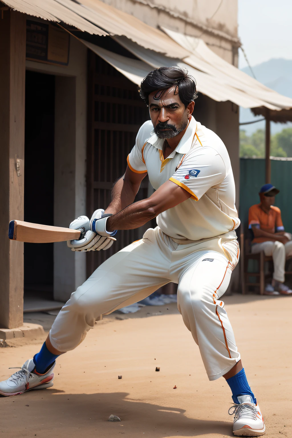 An Indian man plays cricket in the village.