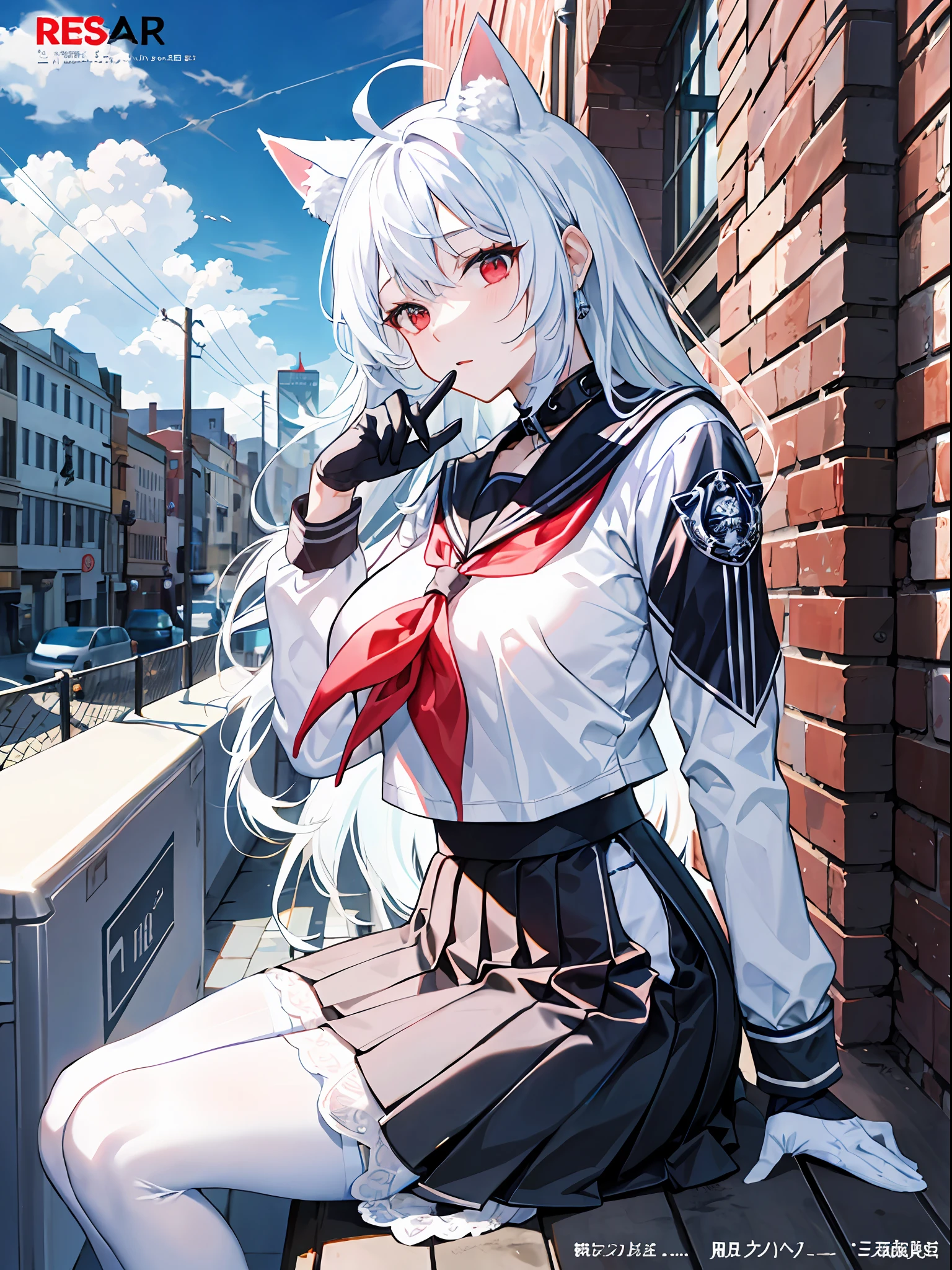 ((​masterpiece、top-quality))、girl with、独奏、skirt by the、Skysky、sitting on、panthyhose、serafuku、​​clouds、Black Gloves、outside of house、neckerchief、tag、bangss、fence、The shirt、Ahoge、On the rooftop、shorth hair、big breasts 
White  pantyhose、white  hair、校服、White sailor color、red eyes、Sailor collar、a blue skirt、red neckerchief、blue serafuk、animal ear、blue open sky、long-sleeve、Blue shirt、looking at the viewers、Keep your mouth shut、Cat's ears、chain-link fence、pleatedskirt、cloudy ash sky、a trash can
(magazine:1.3), (cover-style:1.3), Fashionable, femele, with a vibrant, outfits, the pose, the front, Colorful, Dynamic, Background with, element, I'm confident, expresive, ngel, statement, accessorized, An majestic, coiled, surroundings, Touch, The scene, Texto, covers, It's bold, captures the attention, Titles, Stylish, Font, Catchy, headline, The large, Impressive, moderno, Trendy, Focus, lo fashion,