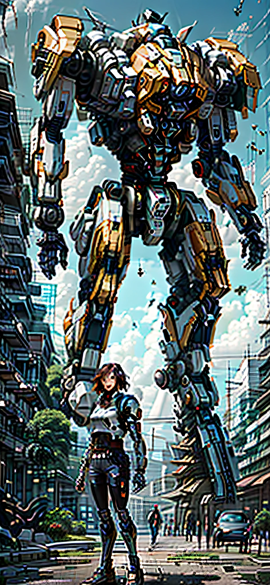 there is a robot that is standing in front of a building, painterly humanoid mecha, Full body mecha,Look up at the giant mech from a human perspective，In front of mecha, humans are as big as ants