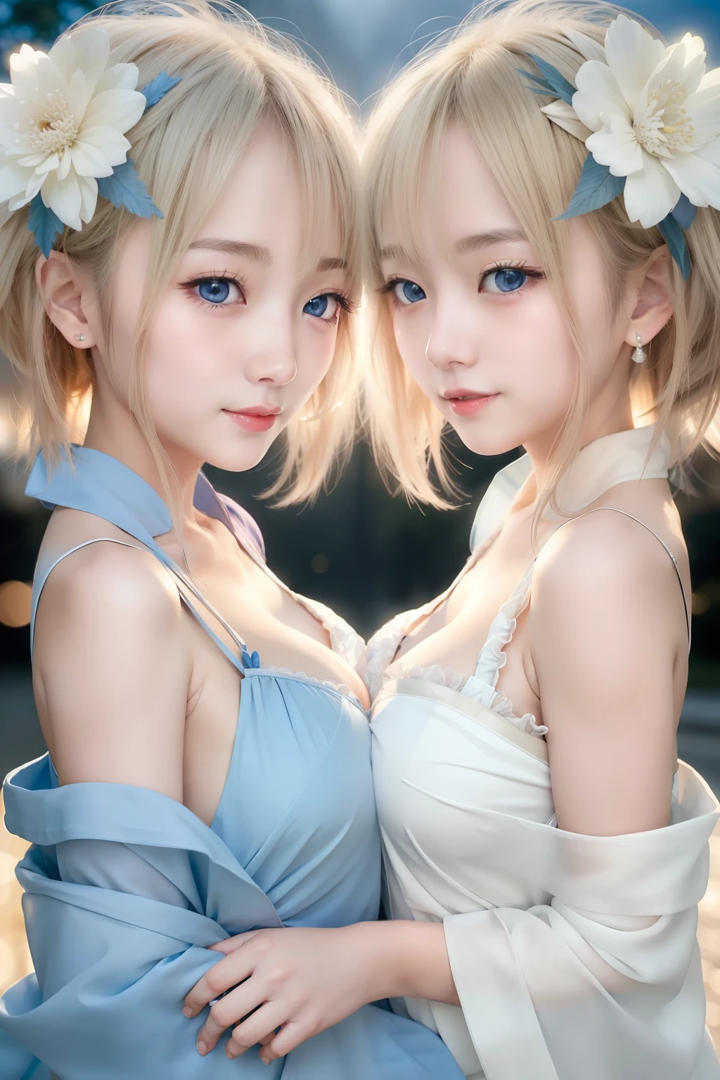 , loving expression, blushing, blue eyes, cleavage, beautiful asian young girl,attractive pose, asian girl, best quality, masterpiece, high_res, 1girl, hair ornament, upon body, tyndall effect, photo realistic, rim lighting, two tone lighting, (high detailed skin:1.2), 8k uhd, dslr, soft lighting, high quality, volumetric lighting, candid, Photograph, high resolution, 4k, 8k, blonde hair, fluffy chest, teasing smile, loli in dress, kimono , large breast, twin young girls, asymmetrical docking, off shoulder kimono, night city,