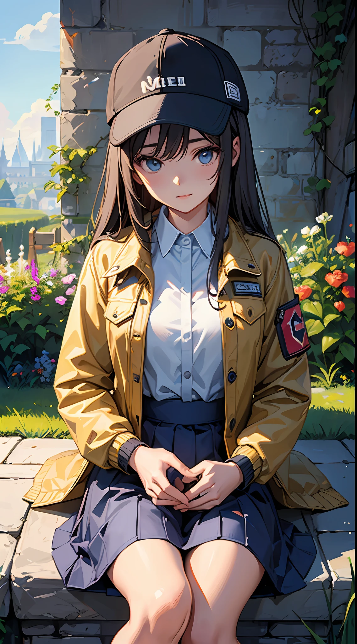 Masterpiece, pixel art, 1girl, (random shirt, wearing hat, jacket), sitting in the garden, ((garden details)), other details, hard quality