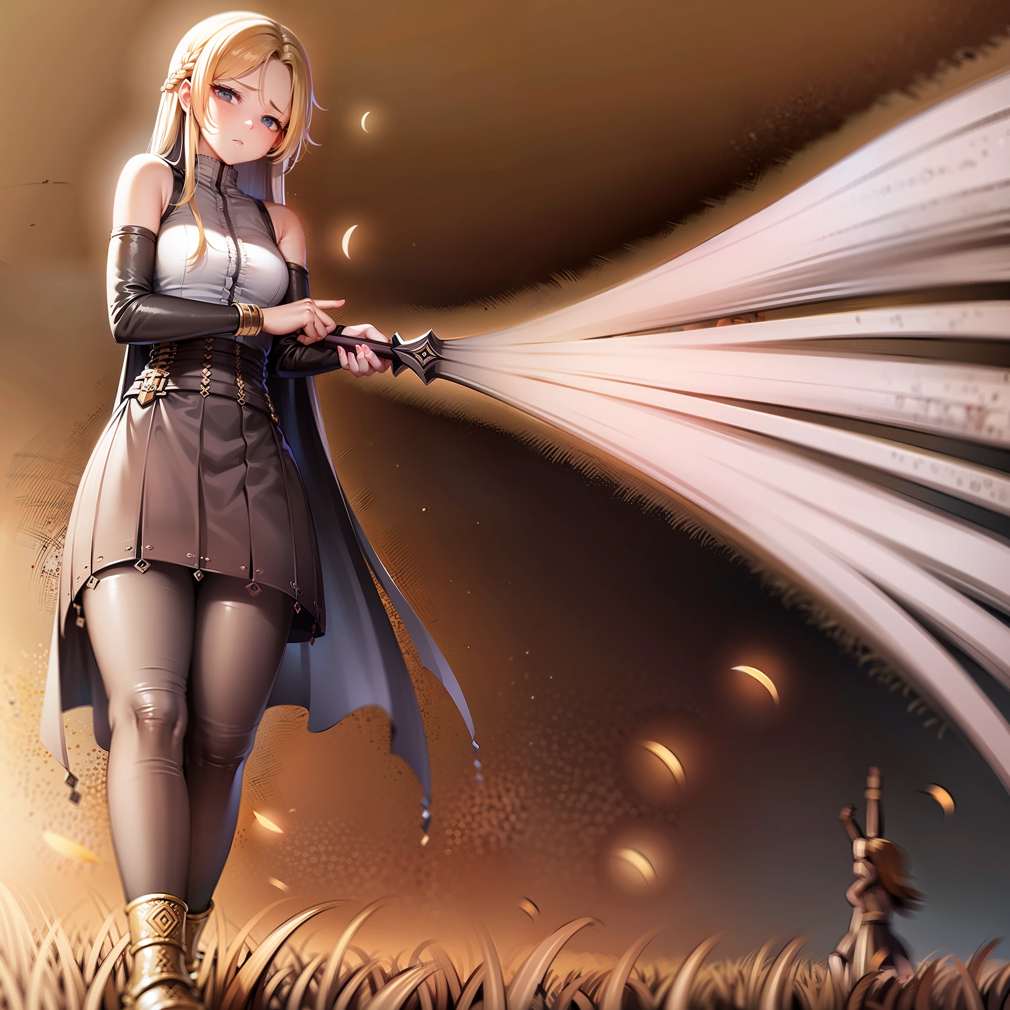 Una guerrera corriendo con los brazos extendidos y una espada en cada mano. Run quickly through a field of grain.. Tiene el pelo largo y suelto, Lleva armadura de cuero grueso y madera. (Pieza maestra) (best quality)