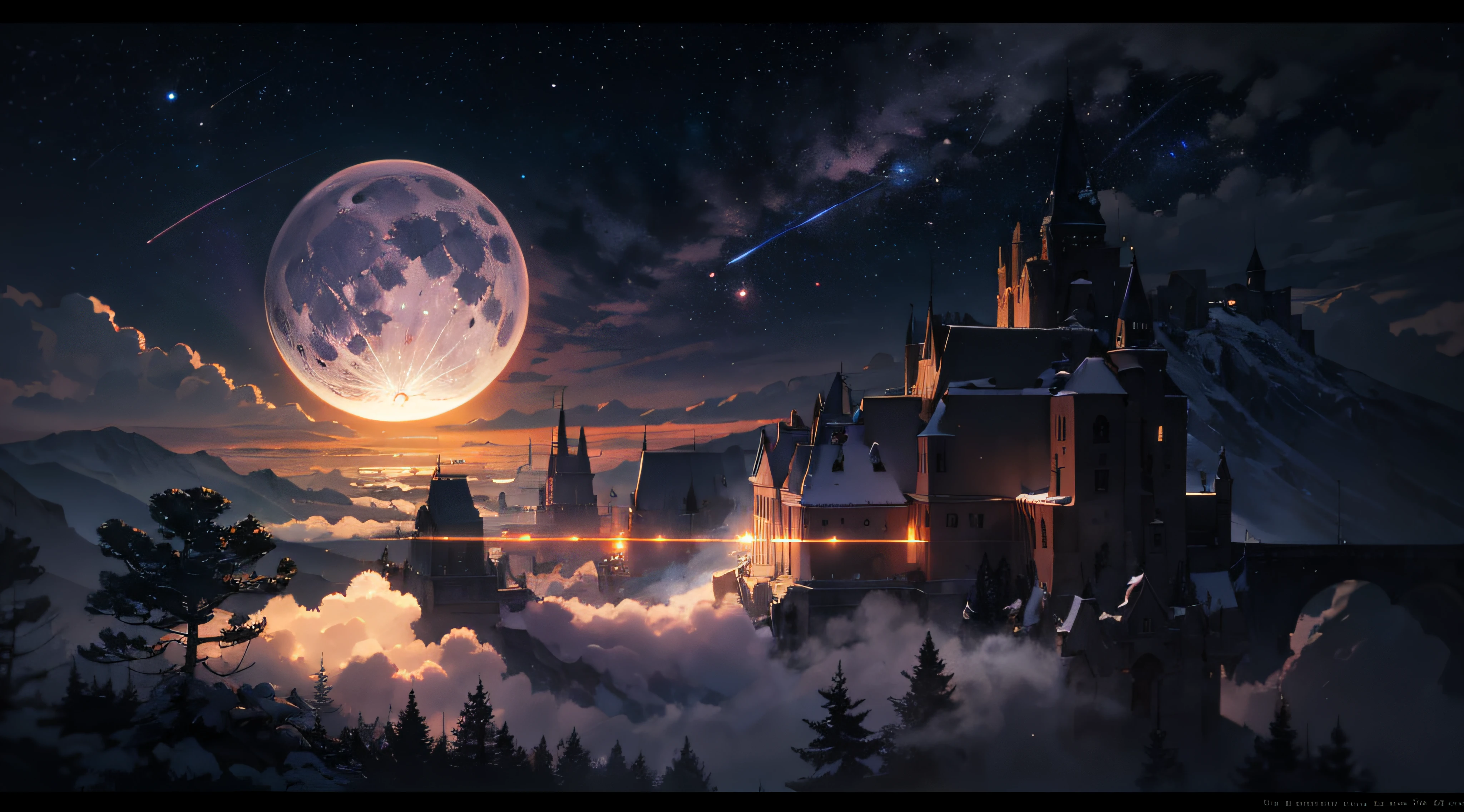 Expansive landscape photograph，（moon full：1.2），（meteors：0.9），（Starcloud：1.3），（Warm light source：1.2），（glowworm：1.2），lamp lights，Lots of purple and orange，Complicated details，Volumetriclighting，Realism BREAK（tmasterpiece：1.2），（best qualtiy），8K，Ultra-detailed，（dynamic compositions：1.4），The is very detailed，Colorful details，（Irridescent color：1.2），（luminouslighting，Atmospheric lighting），dream magical，magical，（独奏：1.2），（（best qualtiy））， （（tmasterpiece））， （the detail：1.4），depth of fields，maximum definition and sharpness，perfectly proportions，Fluttering clouds，Wallpapers