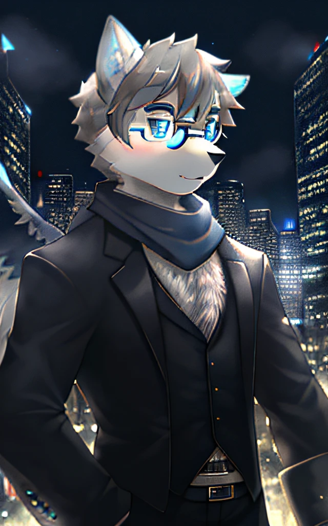 Highest image quality,Delicate painting style,Delicate hook lines,tmasterpiece,Fine fine skin,Delicate hair,Complete painting,The delicate hands of masterpieces,finely-detailed eyes,Normal eyes,Gray wolf ears,furry,Gray hair,Black-framed round glasses,eBlue eyes,adolable,Handsome,((White scarf)), Werewolf style,Shota,cyber punk perssonage, Blue pupil, city night scene, Gray hair, By bangs,Gray crystal wings, Dappled light and shadow, steampunc,short detailed hair,boy,There are bright eyes of God。, Crystal fragments in the air, 城市,Long knife in hand((Fighting posture)),