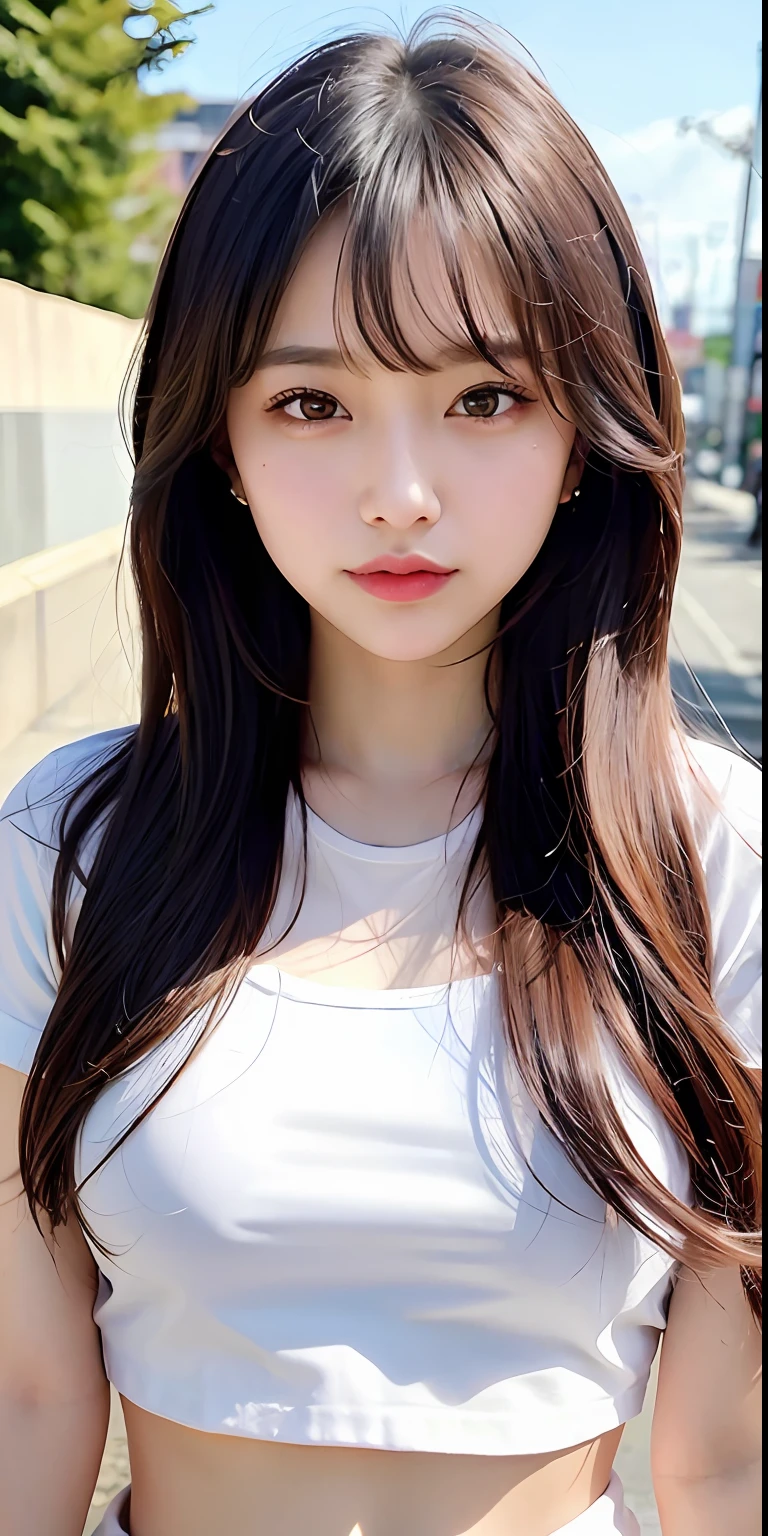 (​masterpiece, top-quality, a beauty girl, kawaii faces:1.2), Casual Hair, (The upper part of the body, bangss:1.2), Small waist, (Simple background:1.4), a park,A clear day:1.2, face lights, 8K, Official art, Raw foto, incredibly absurdness, depth of fields, Look at viewers, A hyper-realistic, hight resolution, a picture, film grains, chromatic abberation, foco nítido, Bokeh background、Dynamic lighting、highest details、ighly detailed、ultra-detailliert、detaile、extremely detailed eye and face,large full breasts,Navel T-shirt,Tie the hem of your T-shirt,Sweatpants Sneakers,18year old