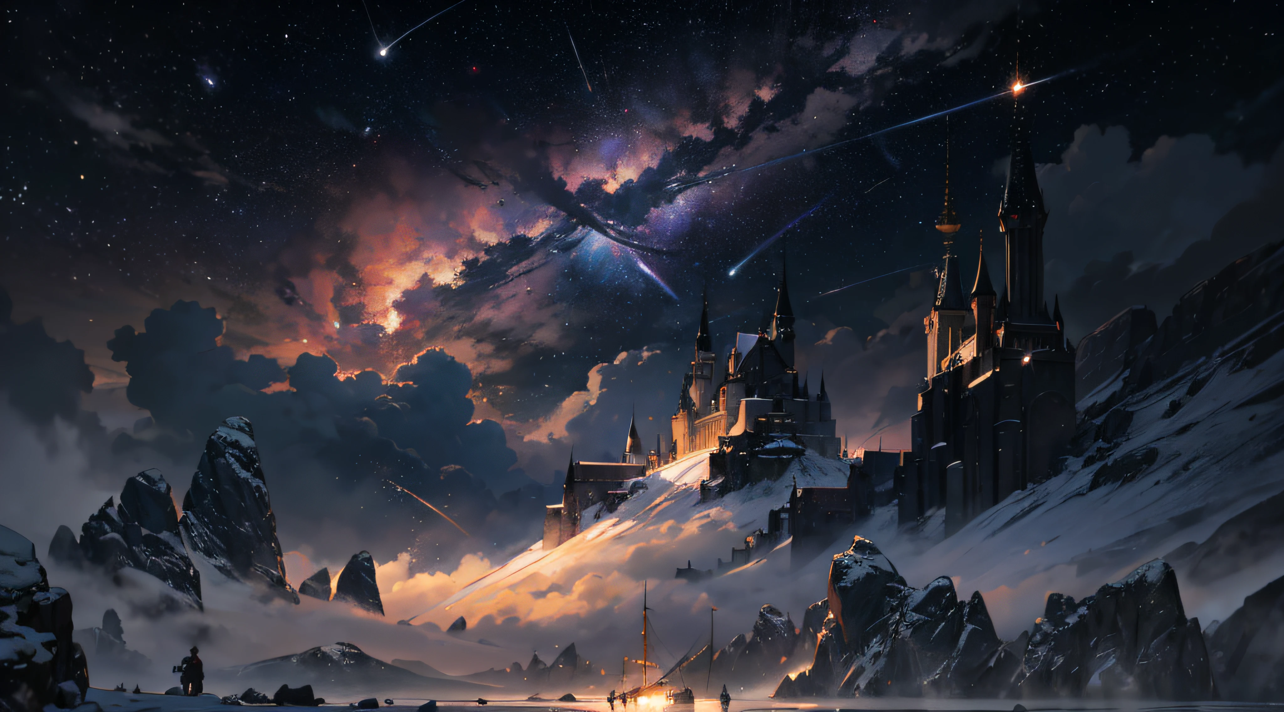 Expansive landscape photograph，（moon full：1.2），（meteors：0.9），（Starcloud：1.3），（Warm light source：1.2），（glowworm：1.2），lamp lights，Lots of purple and orange，Complicated details，Volumetriclighting，Realism BREAK（tmasterpiece：1.2），（best qualtiy），8K，Ultra-detailed，（dynamic compositions：1.4），The is very detailed，Colorful details，（Irridescent color：1.2），（luminouslighting，Atmospheric lighting），dream magical，magical，（独奏：1.2），（（best qualtiy））， （（tmasterpiece））， （the detail：1.4），depth of fields，maximum definition and sharpness，perfectly proportions，Fluttering clouds，Wallpapers
