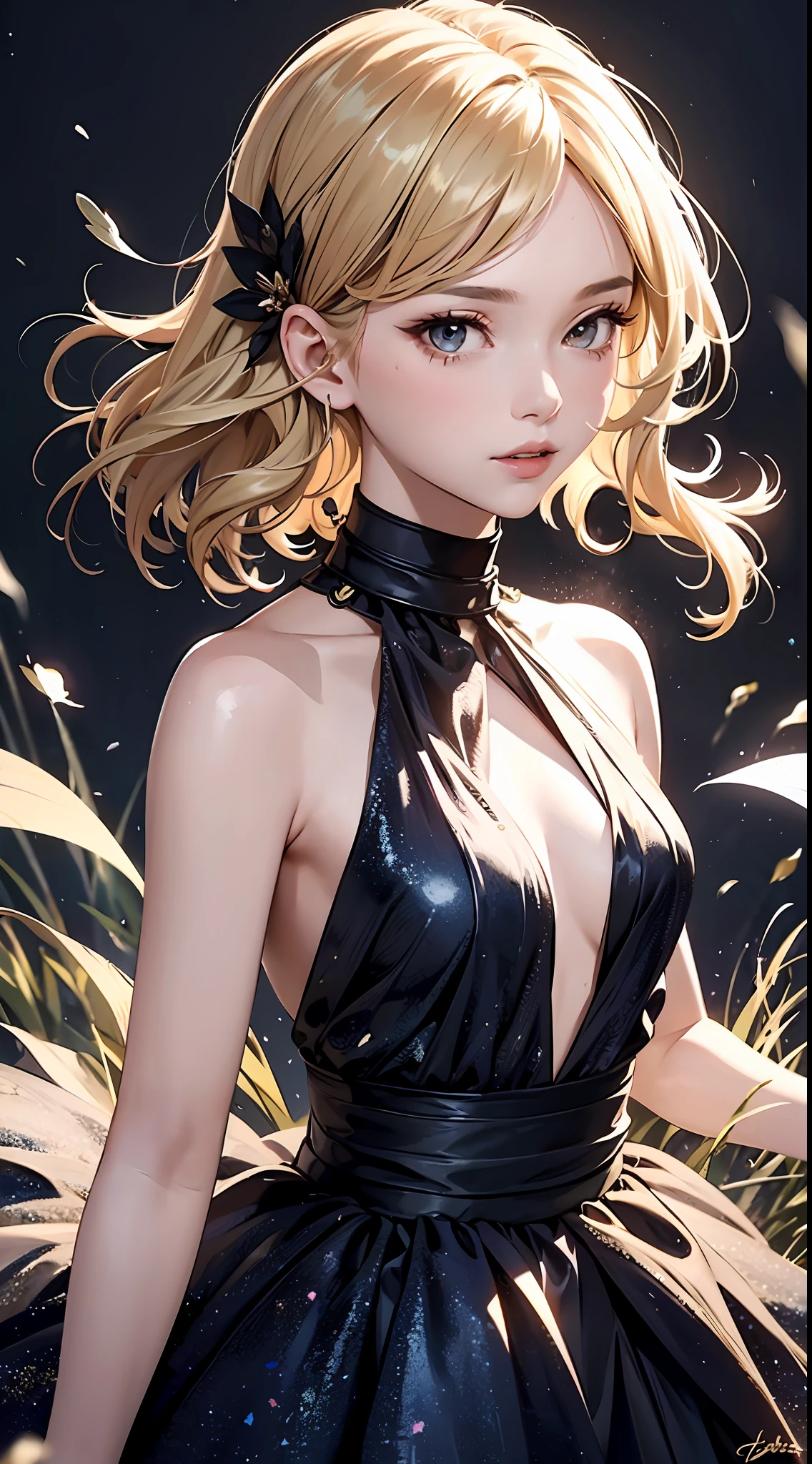 (best quality, masterpiece), 1girl, galaxy, glitter, dress, particle, wind, flower, upper body, dark simple background, looking at viewer, blonde,