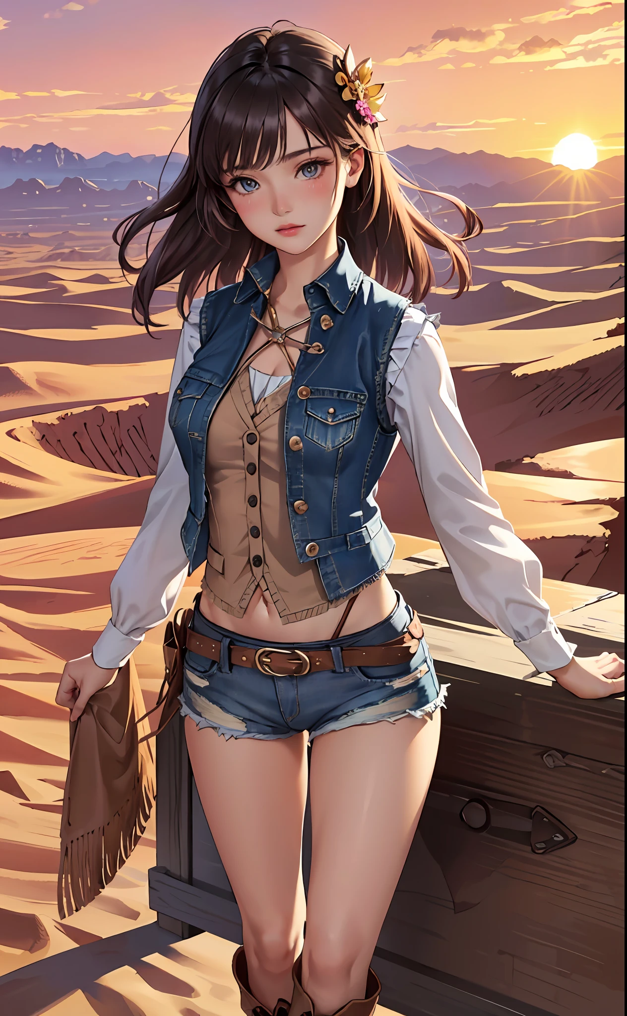 (masterpiece:1.4, best quality), (intricate details), unity 8k wallpaper, ultra detailed, beautiful and aesthetic, perfect lighting, (1girl), dynamic pose, dynamic angle,  lipstick, slim, slim body, medium breasts, (Festival_fringe_vest:1.4),(Ripped_denim_shorts:1.3),(Cowboy_boots:1.2),(Desert_sunset_background:1.4), detailed background, realistic, solo, perfect detailed face, detailed eyes, highly detailed, blush, hair ornament, medium hair,