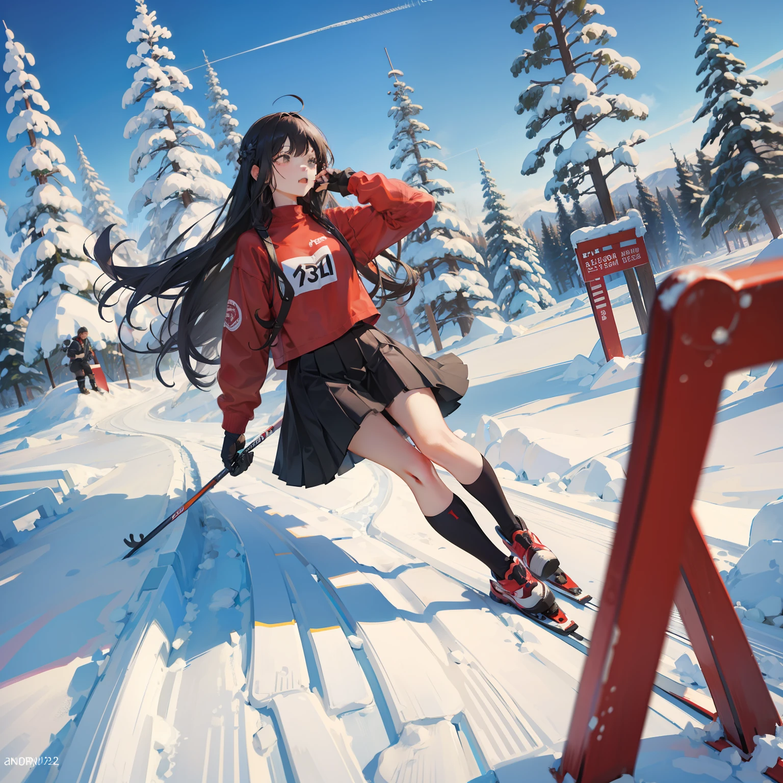 A long-haired girl is wearing a red shirt and a black skirt.BREAK I fell while skiing.