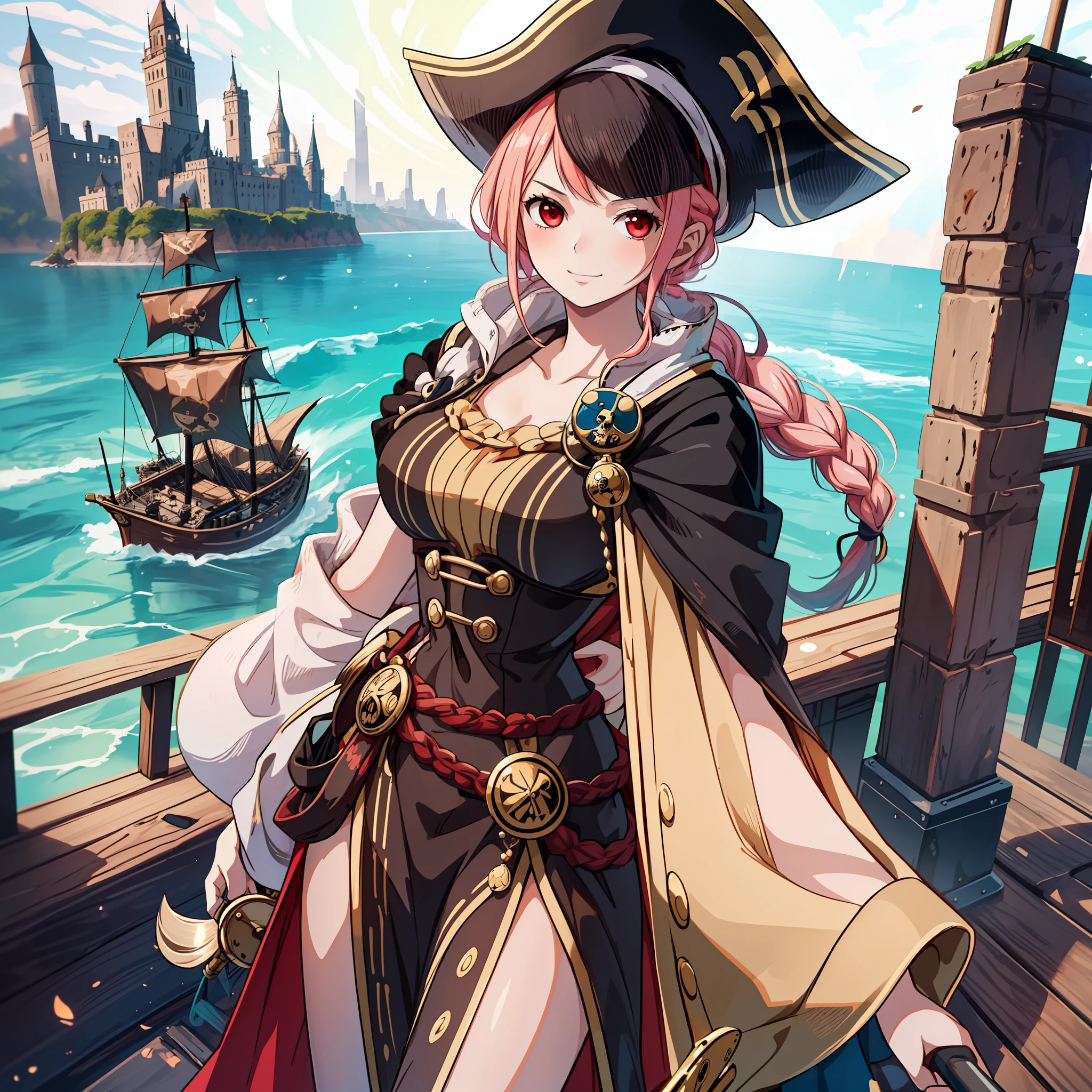 top-quality,​masterpiece,Masterpiece,8k,high-level image quality,High pixel count,detail portrayal,1人の女性,1girl,独奏,Peachy Hair,Long,braid hair,Red eyes,cowboy  shot,Standing figure,Slender body line,pirate clothing,Black pirate clothes,Pirate's Cloak,Pirate Hat,Holding a knight's sword,a smile,full bodyesbian,((On board,On a wooden ship)),