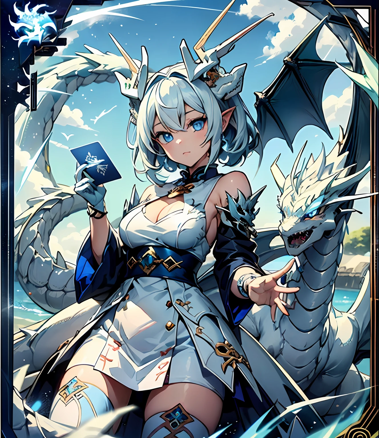 masutepiece、Ultra-high-definition digital art、(遊☆戯☆王)、(遊☆戯☆王デュエルディスク)、Crystal clear skin、kawaii eyes、、perfect hand、intricate detailes、sharpnes、遊☆戯☆王カード、Blue-eyed white dragon、((Blue-eyed white dragon in front of girl:1.5))、Lift the Card High to Heaven