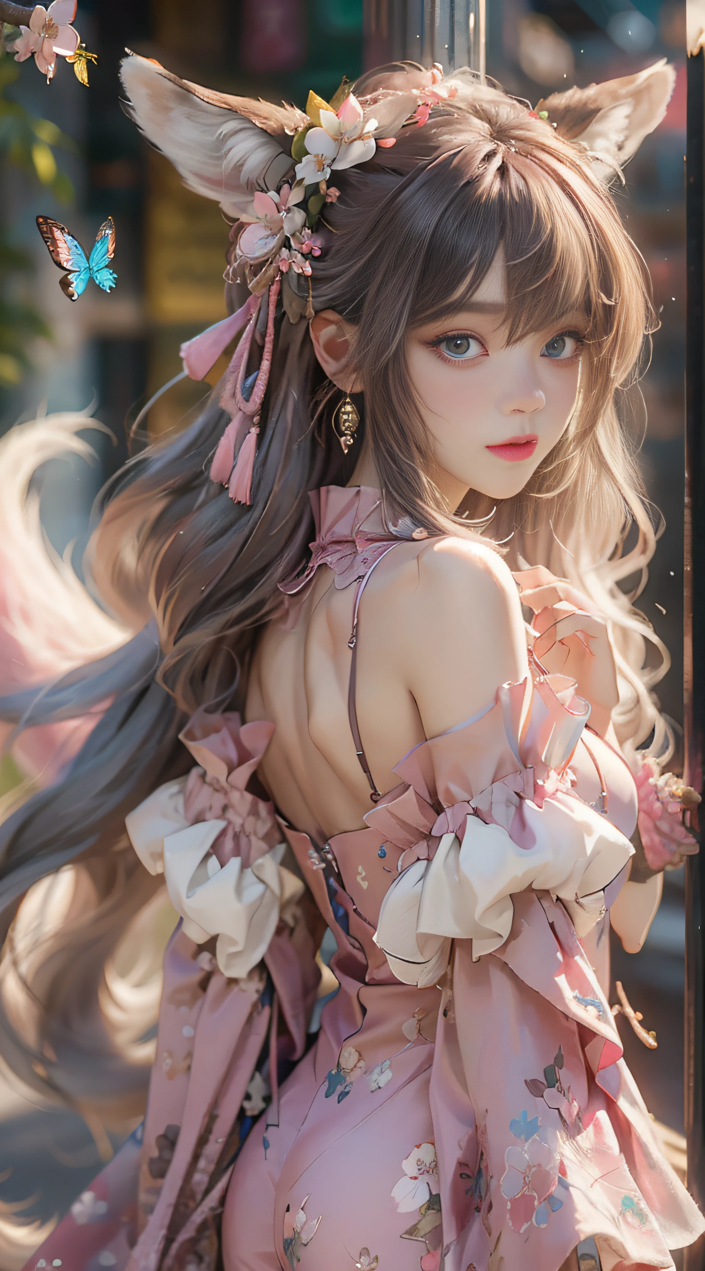 （（best qualtiy））， （（tmasterpiece））， （detail：1.4）， Beautiful cyberpunk female images，hdr（HighDynamicRange），Ray traching，NVIDIA RTX，Hyper-Resolution，illusory 5，sub surface scattering，PBR textures，post-proces，Anisotropy Filtering，depth of fields，maximum definition and sharpness，Many-Layer Textures，Albedo e mapas Speculares，Surface coloring，Mitsu-Accurate simulation of material interactions，perfectly proportioned，rendering by octane，Two-colored light，largeaperture，Low ISO，White balance，Rule three points、8K raw data、Beautiful bright blue pupils，off-the-shoulder clothes，Fine pupils，Delicate face and eyes，long eyelasher，Blushlush，Delicate and fluffy hair，pink lip，Pure，Cute face，Sweet girl，Artistic sense，Casual wear，Advancedsense，butterflys，Cherry blossom petal，Beautiful hair accessories，Long hair and waist，Hair fluttering in the wind，Snow-white fox ears，curlies，Snow-white fluffy tail，Positive light，The light from the back window is backlighted