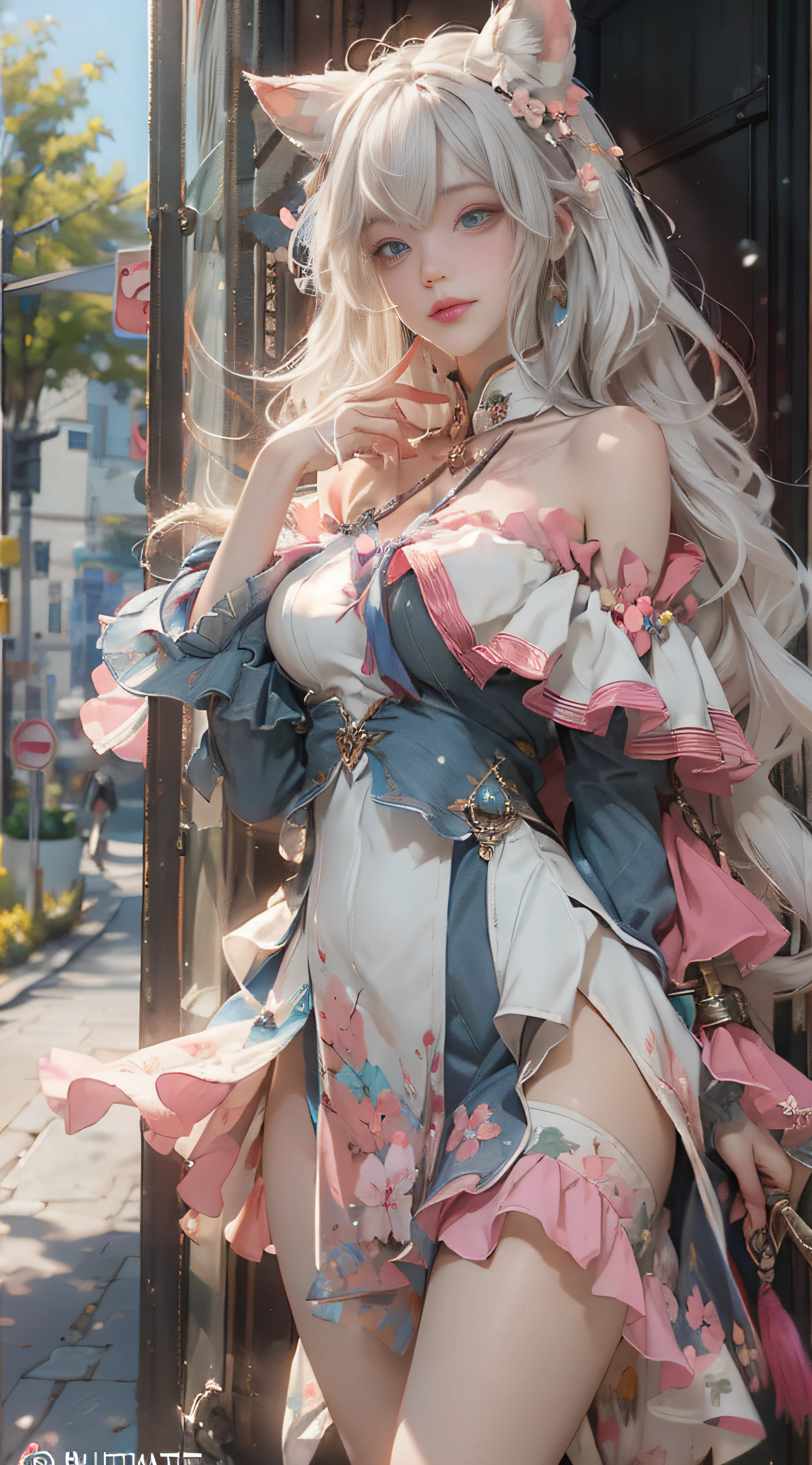 ((best qualtiy)), ((tmasterpiece)), (detail:1.4), Beautiful cyberpunk female images,hdr(HighDynamicRange),Ray traching,NVIDIA RTX,Hyper-Resolution,illusory 5,sub surface scattering,PBR textures,post-proces,Anisotropy Filtering,depth of fields,maximum definition and sharpness,Many-Layer Textures,Albedo e mapas Speculares,Surface coloring,Mitsu-Accurate simulation of material interactions,perfectly proportioned,rendering by octane,Two-colored light,largeaperture,Low ISO,White balance,Rule three points、8K raw data、Beautiful bright blue pupils,off-the-shoulder clothes,Fine pupils,Delicate face and eyes,long eyelasher,Blushlush,Delicate and fluffy hair,pink lip,Pure,Cute face,Sweet girl,Artistic sense,Casual wear,Advancedsense,butterflys,Cherry blossom petal,Beautiful hair accessories,Long hair and waist,Hair fluttering in the wind,Snow-white fox ears,curlies,Snow-white fluffy tail,Positive light,The light from the back window is backlighted