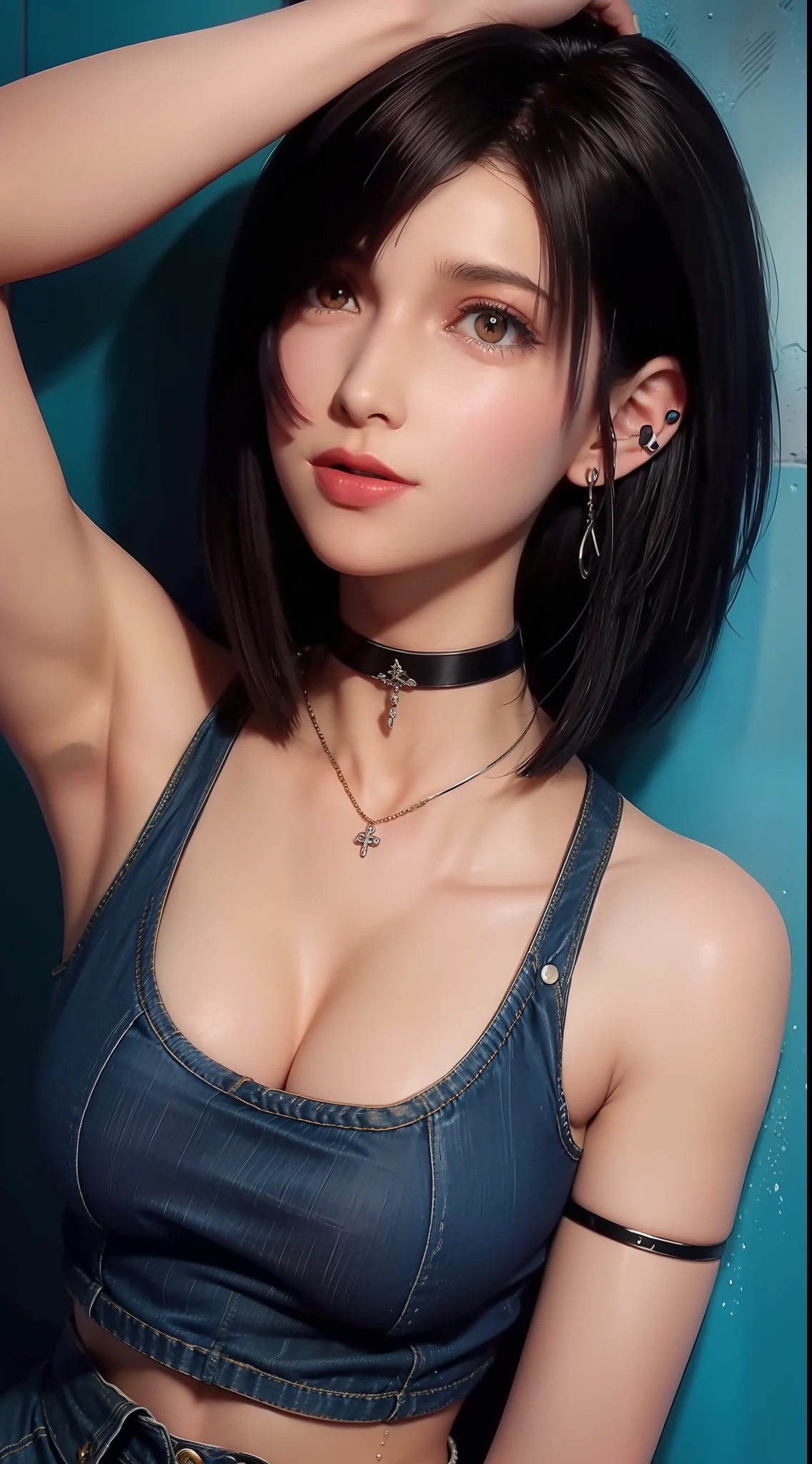 tmasterpiece， Best quality at best， 1girll， 独奏， crop tops，Larger bust， denim short， choker necklace， （scribbles：1.5）， paint splatter， Behind the arm， against a wall， looking at viewert， armlets， thigh band， Paint on the body， tilt of the head， Nudy， O cabelo multicolorido， Water-colored eyes， Earphone，