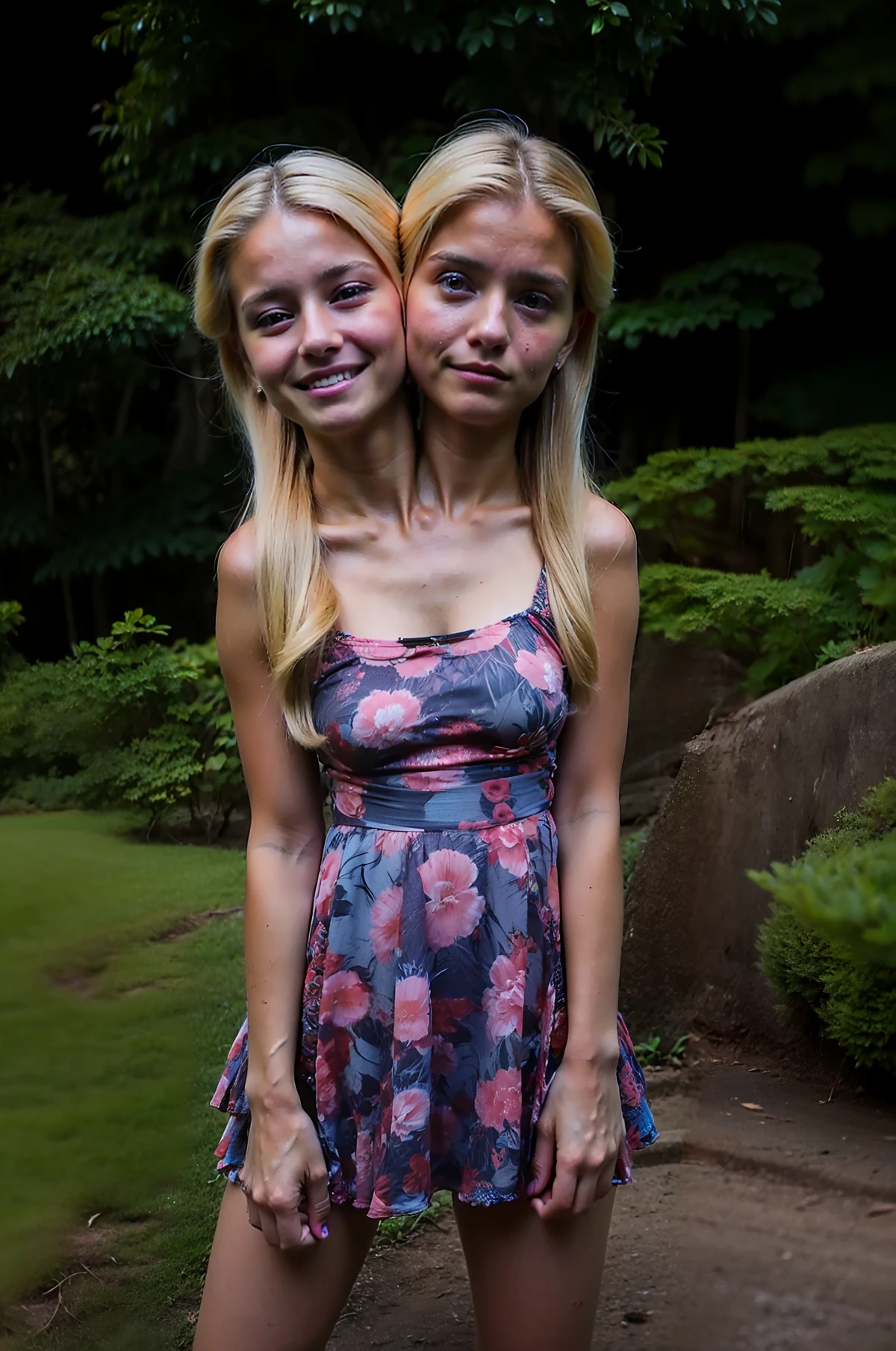 2heads, two headed girl, (teens:1.5), (female:1.5), (blonde:1.5), (two heads attached to one body:1.4), conjoined twins, heads side by side, one torso, young, uncomfortable, barefoot