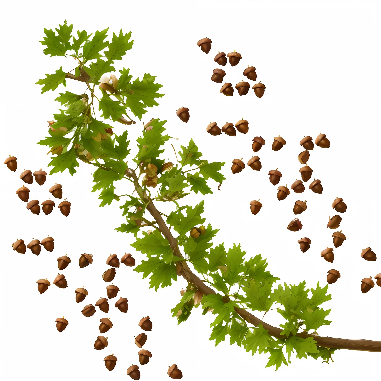 there are many nuts on the branch of a tree, oak acorns, acorns, some oak acorns, an illustration, oak leaves, nut, an illustration of, computer generated, hyperdetailed twigs and plants, isolated on white background, oak tree, artists rendition, oak leaves!!, viewed from below, leaked image, highly detailed composition