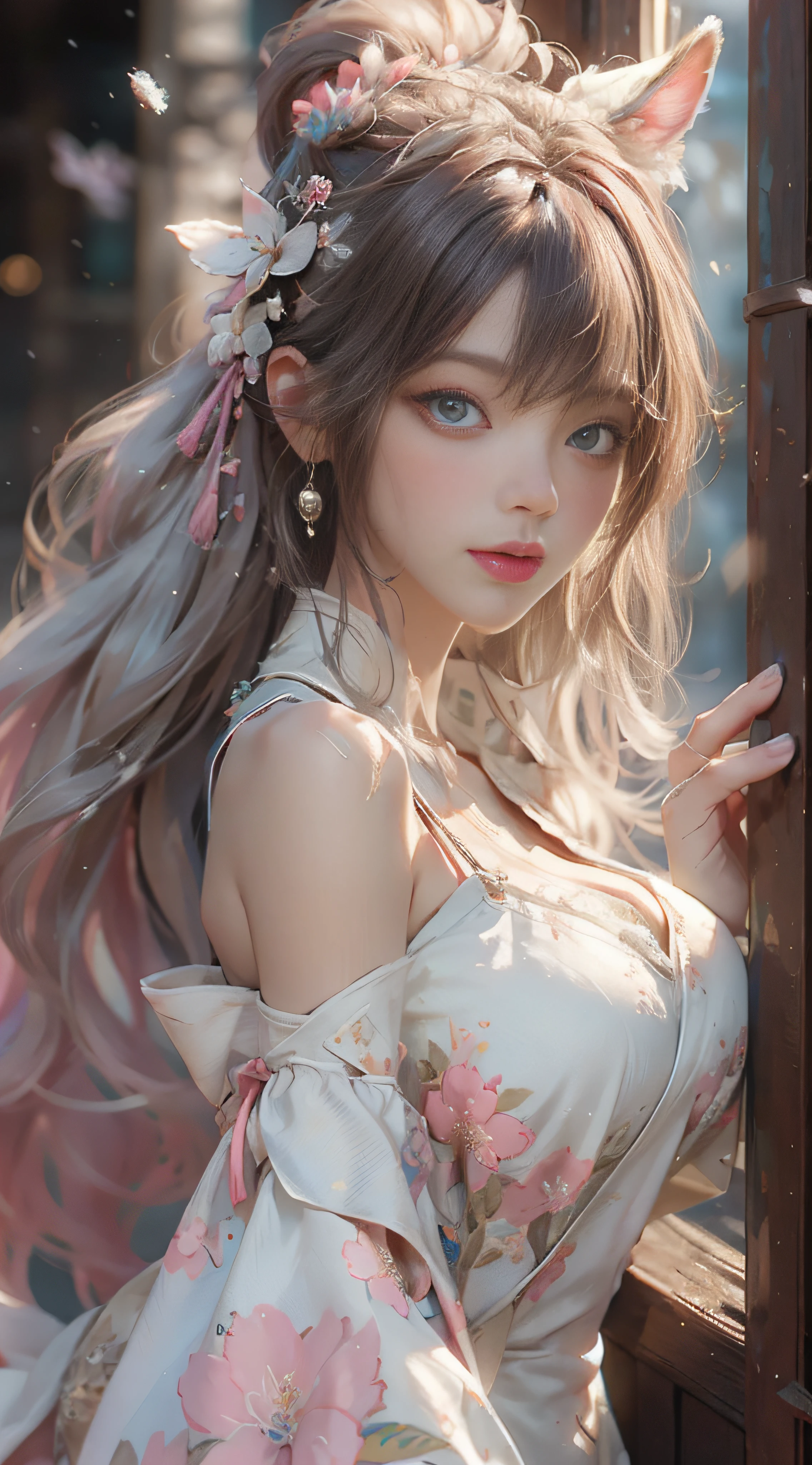 （（best qualtiy））， （（tmasterpiece））， （detail：1.4）， Beautiful cyberpunk female images，hdr（HighDynamicRange），Ray traching，NVIDIA RTX，Hyper-Resolution，illusory 5，sub surface scattering，PBR textures，post-proces，Anisotropy Filtering，depth of fields，maximum definition and sharpness，Many-Layer Textures，Albedo e mapas Speculares，Surface coloring，Mitsu-Accurate simulation of material interactions，perfectly proportioned，rendering by octane，Two-colored light，largeaperture，Low ISO，White balance，Rule three points、8K raw data、Beautiful bright blue pupils，off-the-shoulder clothes，Fine pupils，Delicate face and eyes，long eyelasher，Blushlush，Delicate and fluffy hair，pink lip，Pure，Cute face，Sweet girl，Artistic sense，Casual wear，Advancedsense，butterflys，Cherry blossom petal，Beautiful hair accessories，Long hair and waist，Hair fluttering in the wind，Snow-white fox ears，curlies，Snow-white fluffy tail，Positive light，The light from the back window is backlighted
