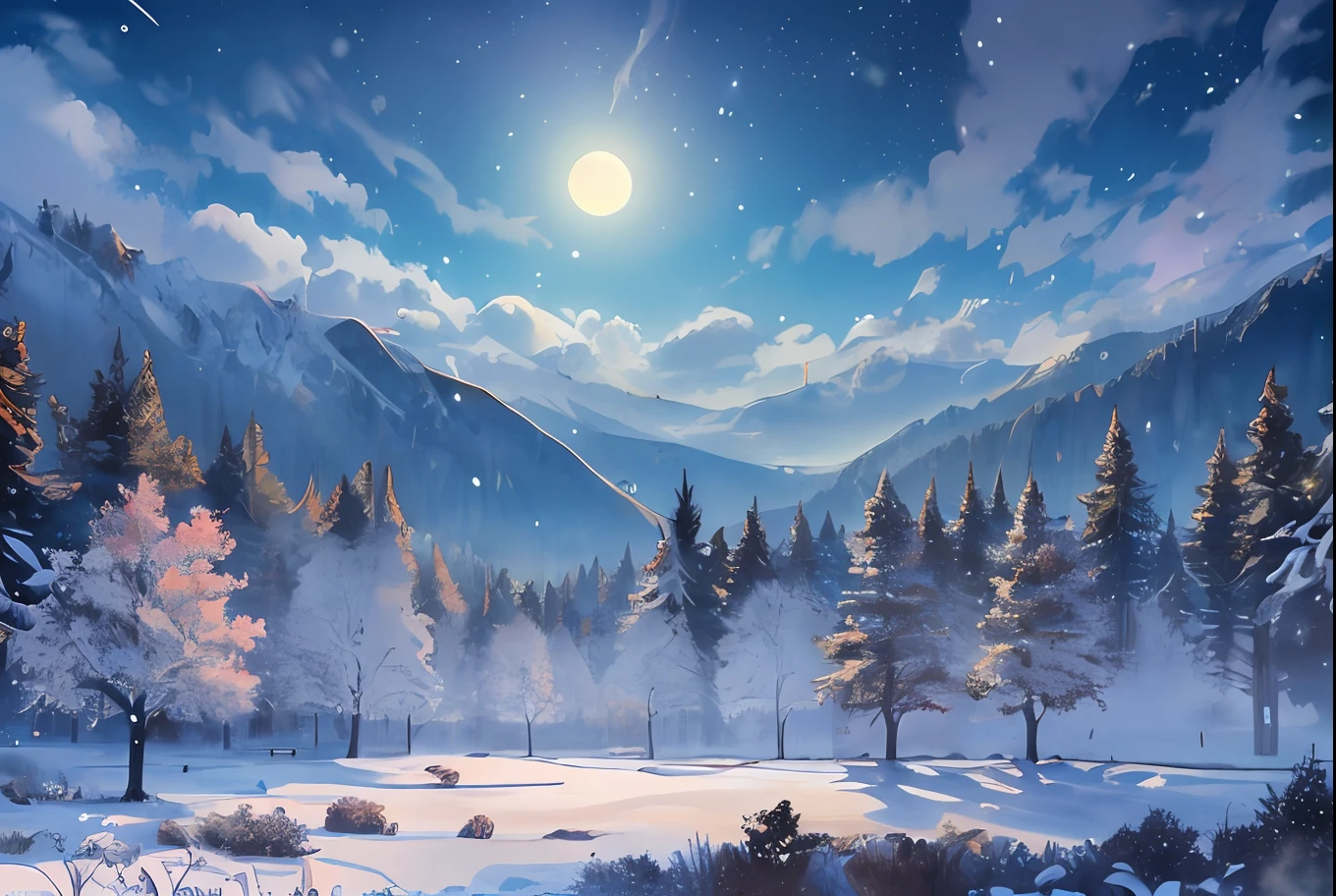 ((masterpiece:1.4,best quality)),  cloud,   outdoors,  forest
(snowy mountains), autumn glade
, scenery,  sky,
(night:1.4),  nightsky,  moon,  moonlight,  high detail, abundant, 8k, green,tree, high detail,   wallpaper,