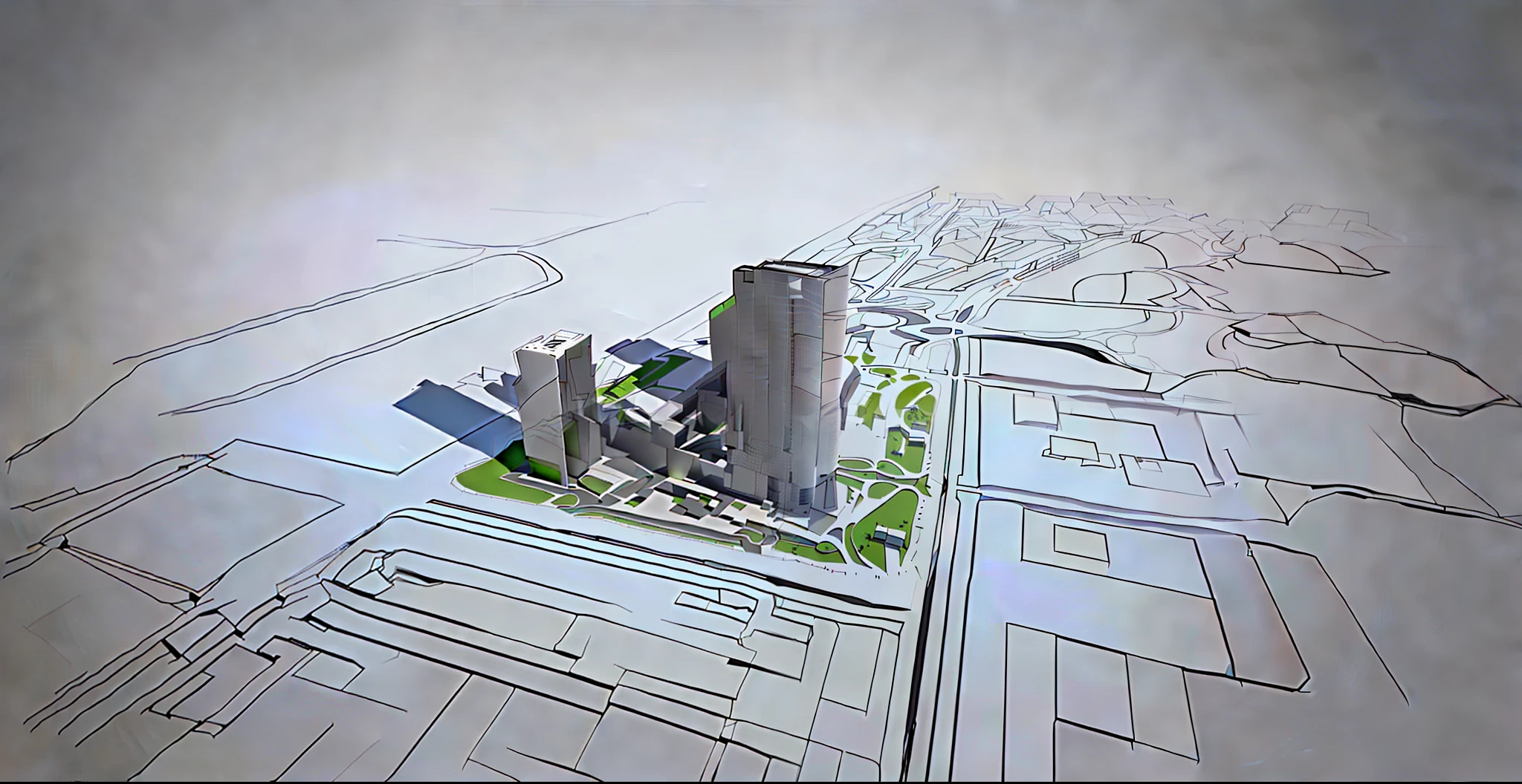 sharp hq rendering, building rendering, rendering, CG rendering，white backgrounid，dark linework，urban planning
