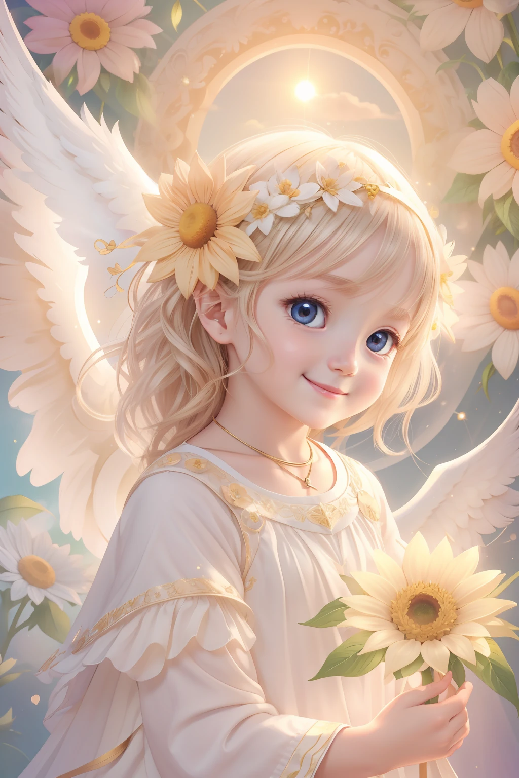 Blessings of Angels､Bright background、fullmoon、Sun flower、heart mark、tenderness､A smile、Gentle､ Angel、Lassen