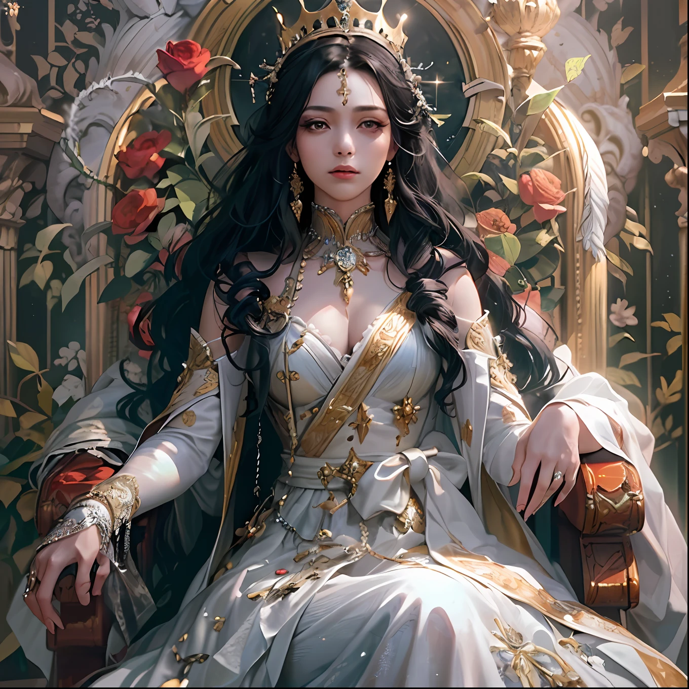 high details, best quality, 8k, [ultra detailed], masterpiece, best quality, (extremely detailed), ultra wide shot, photorealistic, a picture of a empress  wearing white dress (intricate details, Masterpiece, best quality: 1.5), [[holding a scepter]] (intricate details, Masterpiece, best quality: 1.5), wearing a crown with 12 stars (intricate details, Masterpiece, best quality: 1.5), sitting on a throne (intricate details, Masterpiece, best quality: 1.5), black hair, long hair, flowing hair, intense eyes,  dynamic light, from the front, [[12 stars in the background]], best quality, highres, ultra wide angle