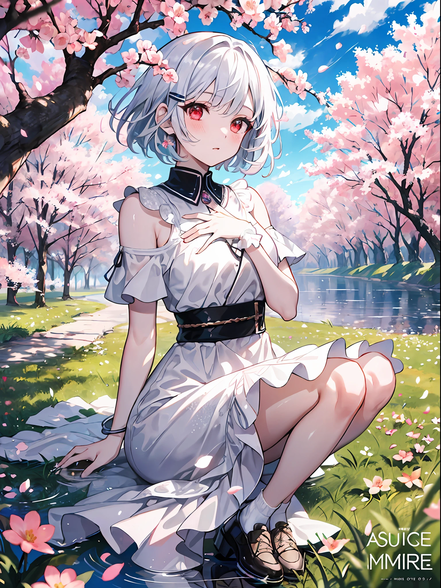 (Highest picture quality), (The work of the master),(Detailed eye description),(Detailed face description),
1girl in,Red Eyes,White hair,(Shorthair),Short hair (floating in the wind),Hair Ornament,White Dress,tiny chest,Bare legs,White socks,Leather shoes,arms and hands behind back,blush,fluttering grass,(spring,cherryblossom),flower petals,(Lens Flare),altocumulus,Dazzling light,Cool breeze,(Shade) In the [The cherry tree],grass field,(Grass grows、Birds are flying),(lake,surface reflection)
(magazine:1.3), (cover-style:1.3), Fashionable, Woman, Vibrant, outfit, Posing, front, Colorful, Dynamic, Background, element。, which are full of confidence, expression, Holding, statement, accessory, An majestic, coiled, Around, Touch, Scene, Text, cover, Bold, captures the attention, Titles, Stylish, Font, Catchy, headline, Larger, striking, Modern, Trendy, Focus, Fashion,