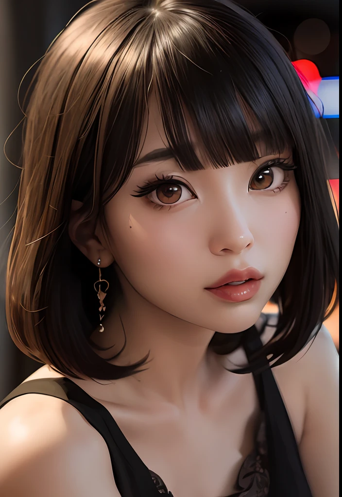 beautiful, masterpiece, best quality, hiqcgbody, anime, 1girl, sam yang, halter cut dress, mascara, flirty, blunt bangs, portrait shot, looking at viewer, glossy lipstick, nightclub, intricate details,