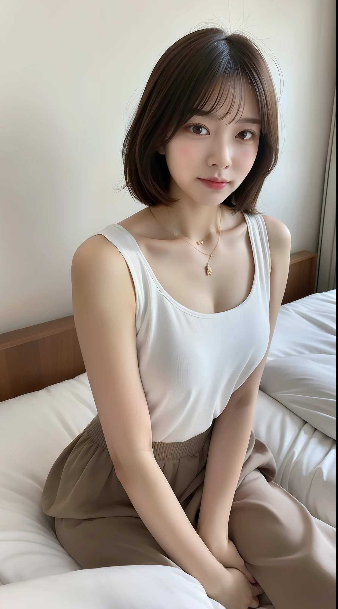 8K raw photos、hight resolution、(Selfie:1.3)、1 girl in, Smaller chest、embarassed expression、Bob Hair、(Woman Sitting On Bed:1.6)、(Room at home:1.5)、Fashionable clothes、beautiful thigh、Beautiful knees、beautiful girl of 20 years old、with round face、beautiful eyes finely detailed、long eyeslashes、Beautiful double eyelids、Shorthair、a necklace、perfect hand、