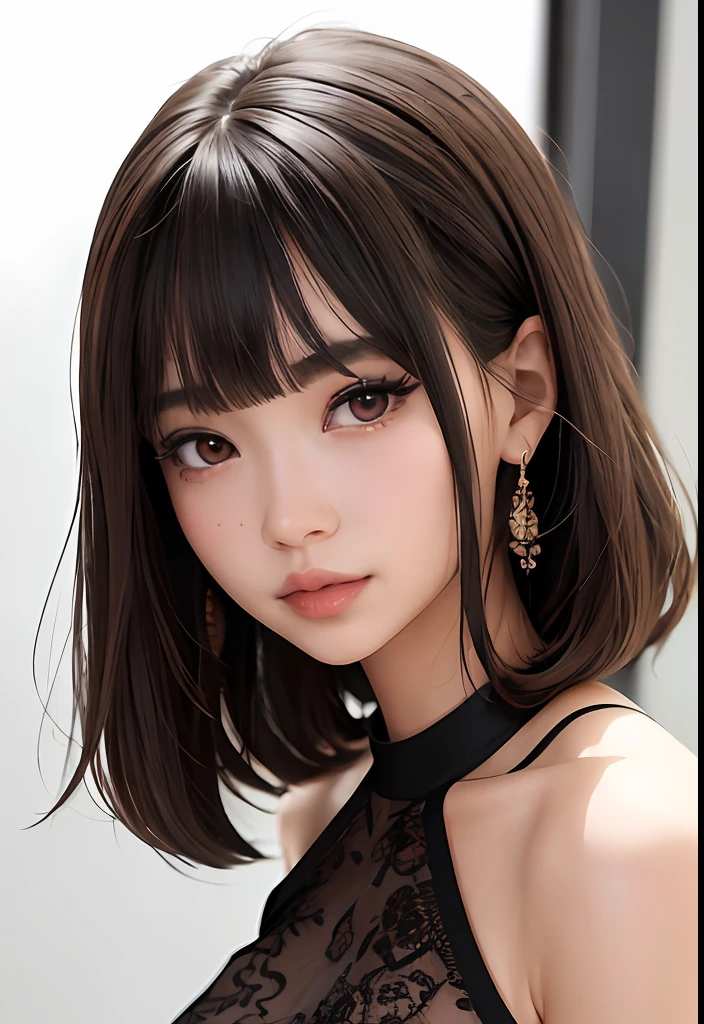 beautiful, masterpiece, best quality, hiqcgbody, anime, 1girl, sam yang, halter cut dress, mascara, flirty, blunt bangs, portrait shot, looking at viewer, glossy lipstick, nightclub, intricate details,