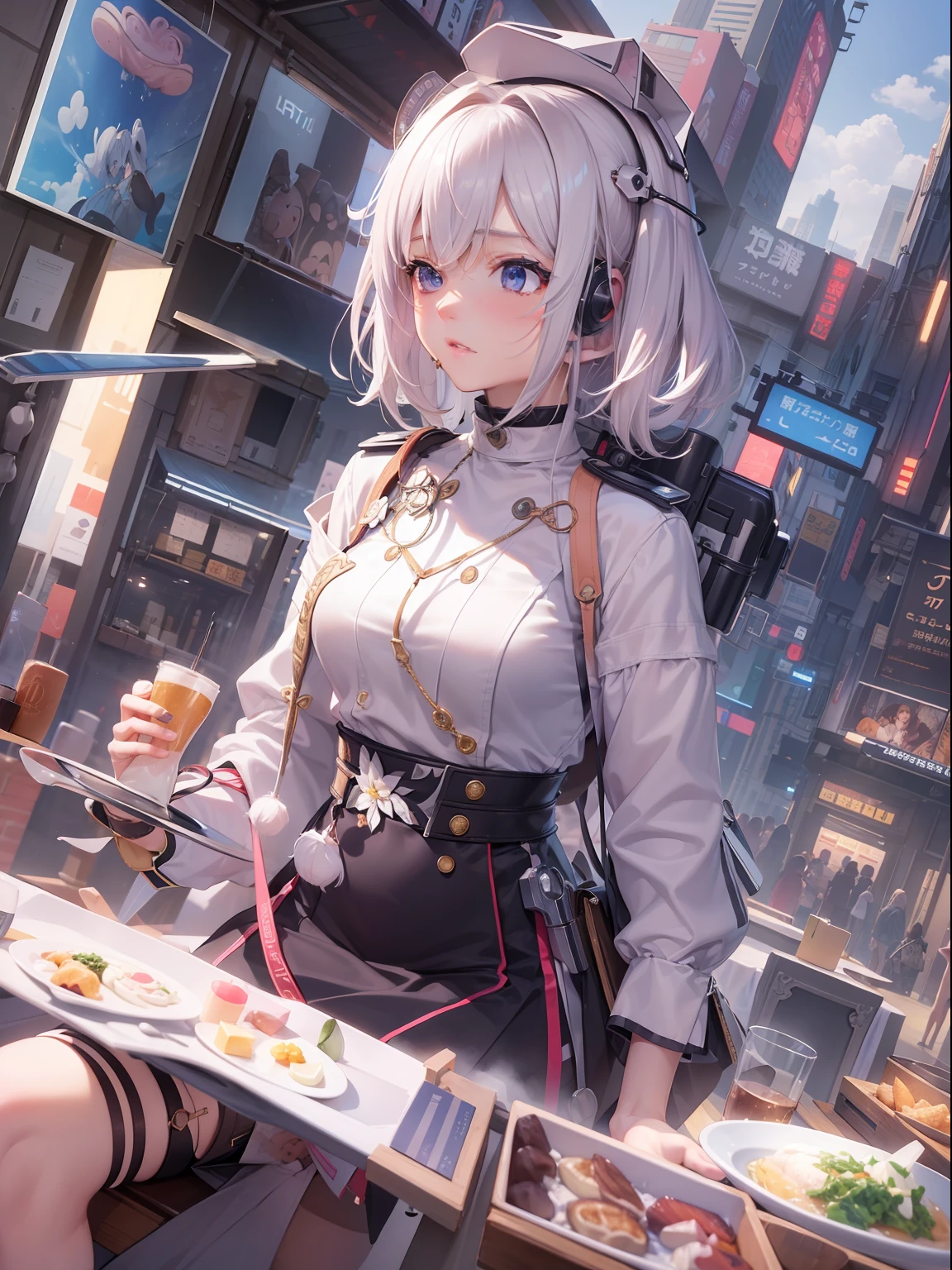 (((masterpiece)))、(((top-quality)))、((ultra-definition))、(High Definition CG Illustration)、((extremely delicate and beautiful))、City of the Future、kirakira、SHINES、food stand、I'm eating、Girl Eating、Cinematic Light、独奏、full body Esbian、cyberpunked、2090s、animesque、Girl like a goddess、trending on artstationh、Rachel Walker、