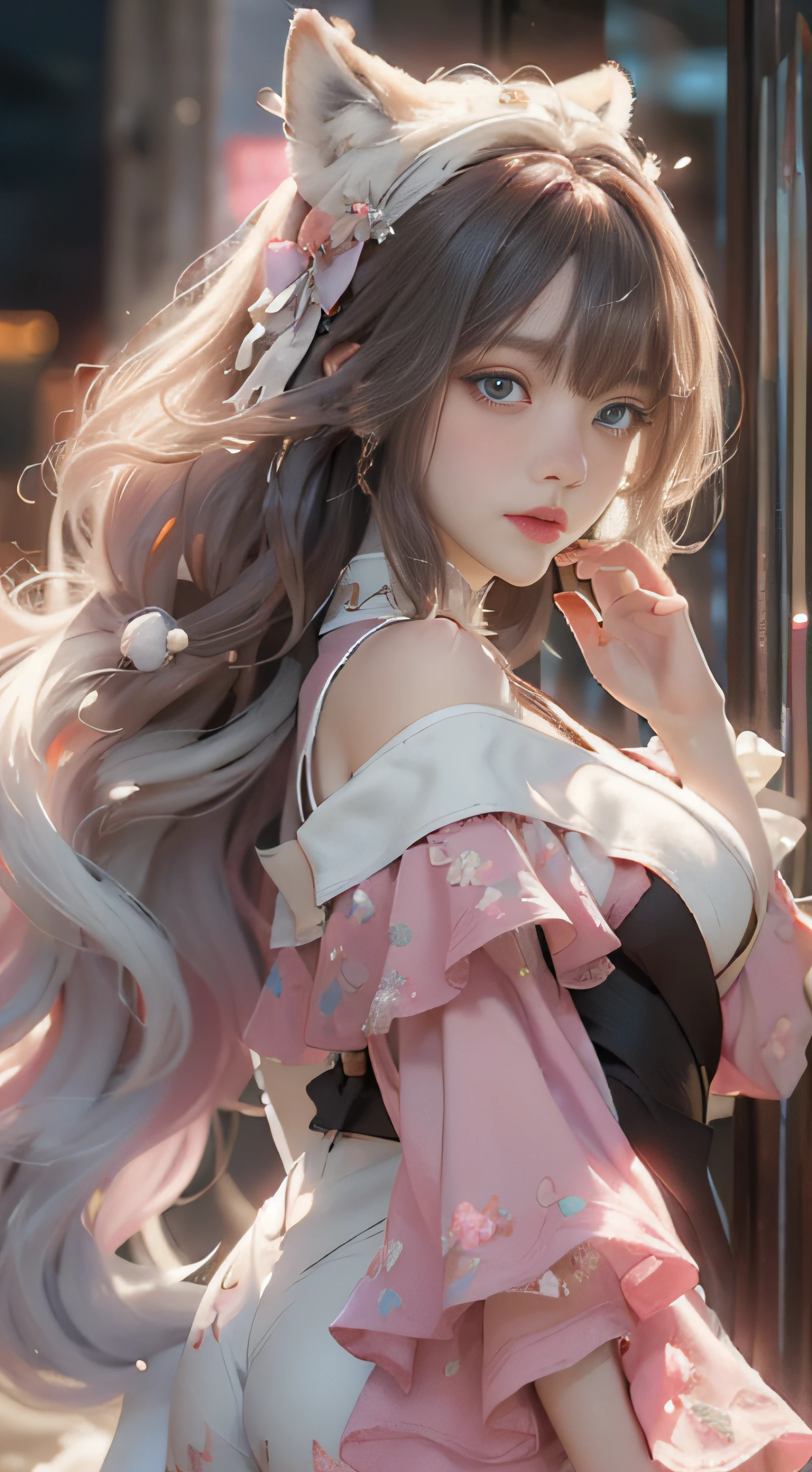 ((best qualtiy)), ((tmasterpiece)), (detail:1.4), Beautiful cyberpunk female images,hdr(HighDynamicRange),Ray traching,NVIDIA RTX,Hyper-Resolution,illusory 5,sub surface scattering,PBR textures,post-proces,Anisotropy Filtering,depth of fields,maximum definition and sharpness,Many-Layer Textures,Albedo e mapas Speculares,Surface coloring,Mitsu-Accurate simulation of material interactions,perfectly proportioned,rendering by octane,Two-colored light,largeaperture,Low ISO,White balance,Rule three points、8K raw data、Beautiful bright blue pupils,off-the-shoulder clothes,Fine pupils,Delicate face and eyes,long eyelasher,Blushlush,Delicate and fluffy hair,pink lip,Pure,Cute face,Sweet girl,Artistic sense,Casual wear,Advancedsense,butterflys,Cherry blossom petal,Beautiful hair accessories,Long hair and waist,Hair fluttering in the wind,Snow-white fox ears,curlies,Snow-white fluffy tail,Positive light,The light from the back window is backlighted