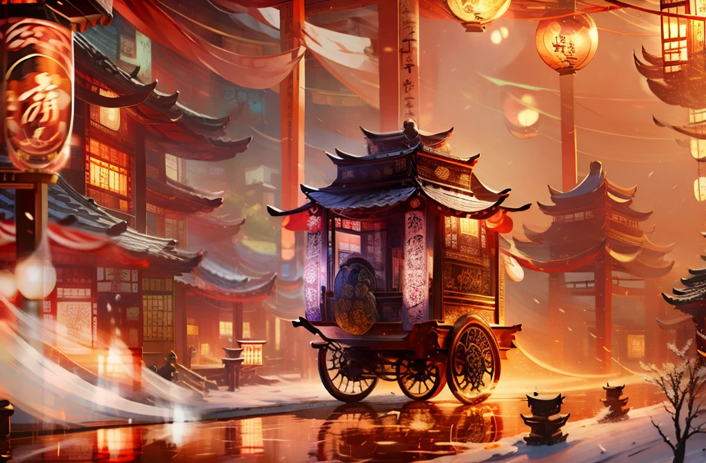 Japanese rickshaw with hanging fabric curtains on the roof, special, special design, japanese style, japanese royal family, special for ancient japanese princesses, japanese ancient, luxurious, grand, gorgeous, empress, ancient, exquisite, background at lantern festival, night,Japanese