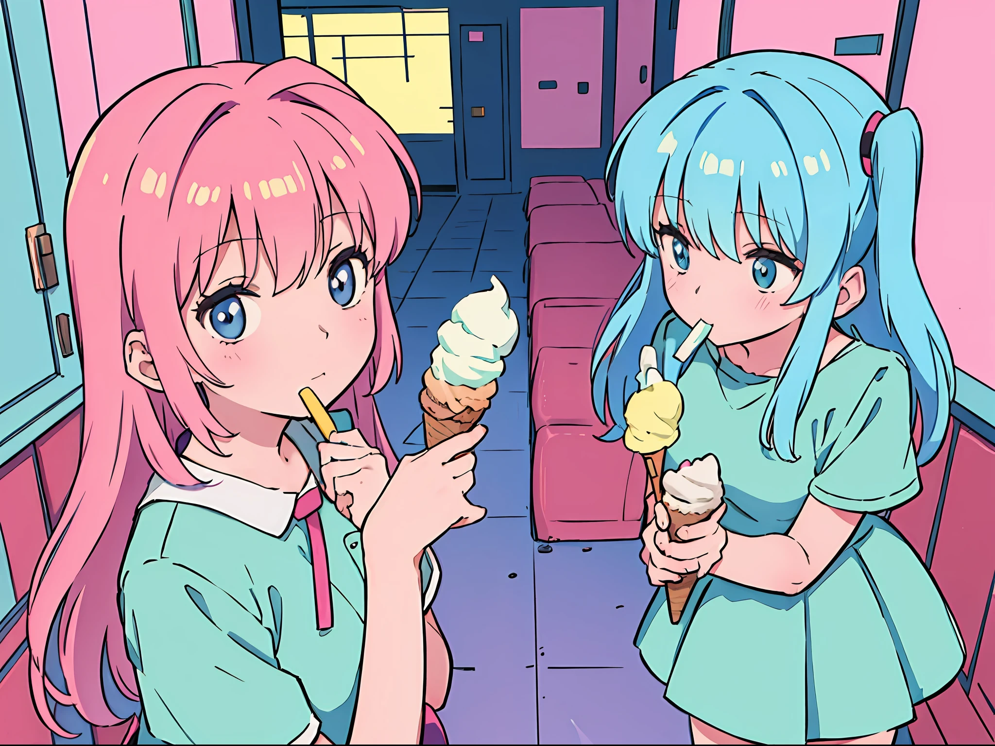 ​masterpiece, top-quality, Pop illustrations, Pop colors, Pastel tones, PastelColors, 2 high school girls, Chibi, After school,Eat while walking, Triple Scoop Ice Cream, Sounds like fun,