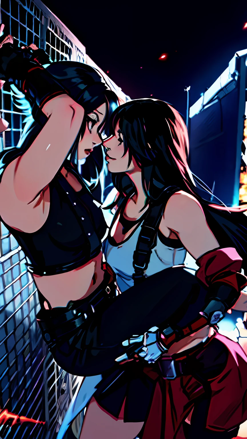 Two women posing for photos dressed in black and white, Tifa Lockhart, tifa lockheart, ff Tifa, professional cosplay, full-cosplay, From《Final Fantasy VII》, cosplay, from ff7, Tifa Lockhart with white hair, Charming Tifa Lockheart, realistic cosplay, kissing together cutely, Anime cosplay, publicity cosplay, cosplay foto, rpgmaker