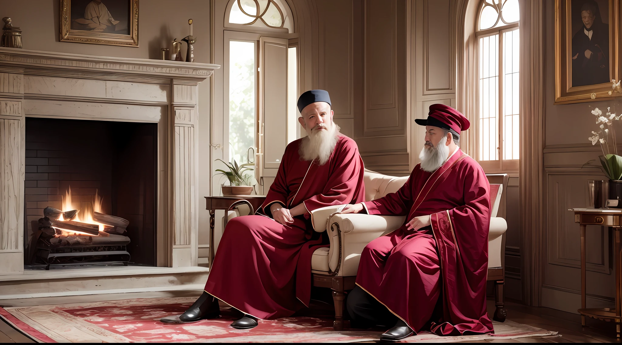 drawing, ultra realistic, 8k, extremely detailed, high quality, natural light image, daylight, sunlight from the ground, ultra realistic image, realistic texture, extremely detailed, high quality, two men talking, one Asian man 35 years old, sitting in an armchair, the other is a mystic man, wise master, with a long white beard, wearing a beautiful red long robe of ancient silk, mystic hat, sitting on the sofa, in the surroundings of a room of a beautiful old house, with a fireplace , realistic texture, high quality, natural light,