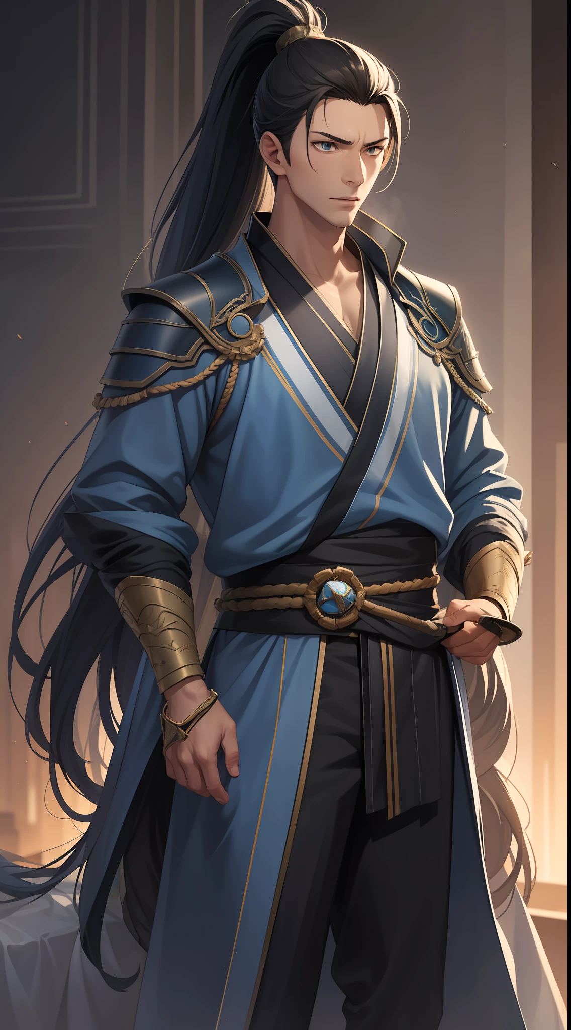 quadratic element,style of anime,mtu(Male Warrior),The proportions are correct,Face details,swordsmen,High ponytail hairstyle,Neck details,There is an Adam's apple,Blue suit,kaftan,long blue robes,clothes details,Handing over,longer sleeves,Game quality,Swordsmanship,Light and shadow tracking,Ray traching,detailed glow,cg render,hair detail,Blue long hair,blue colored eyes,Handsome,Handsome,(juvenile sense),Clothing is complicated,Perfectcomposition,Refinement,high qulity,higher details,Lots of details,The background is complex,a sense of atmosphere,