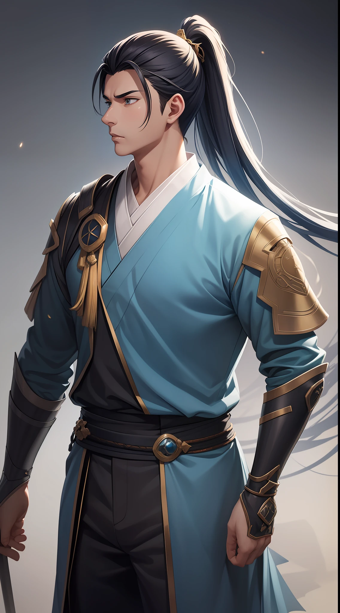 quadratic element，style of anime，mtu（Male Warrior），The proportions are correct，Face details，swordsmen，High ponytail hairstyle，Neck details，There is an Adam's apple，Blue suit，kaftan，long blue robes，clothes details，Handing over，longer sleeves，Game quality，Swordsmanship，Light and shadow tracking，Ray traching，detailed glow，cg render，hair detail，Blue long hair，blue colored eyes，Handsome，Handsome，（juvenile sense），Clothing is complicated，Perfectcomposition，Refinement，high qulity，higher details，Lots of details，The background is complex，a sense of atmosphere，