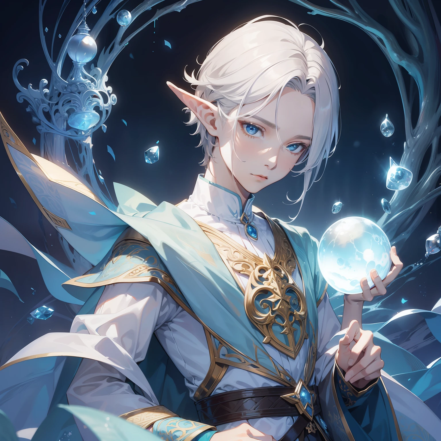 filigree,realisticlying,1boy,独奏,cabellos largos dorados,elf prince,Delicate facial features,