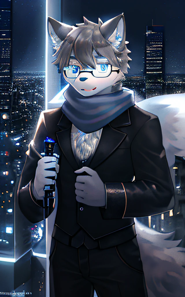 Highest image quality,Delicate painting style,Delicate hook lines,tmasterpiece,Fine fine skin,Delicate hair,Complete painting,The delicate hands of masterpieces,finely-detailed eyes,Normal eyes,Gray wolf ears,furry,Gray hair,Black-framed round glasses,eBlue eyes,adolable,Handsome,((White scarf)), Werewolf style,Shota,cyber punk perssonage, Blue pupil, city night scene, Gray hair, By bangs,Gray crystal wings, Dappled light and shadow, steampunc,short detailed hair,boy,There are bright eyes of God。, Crystal fragments in the air, 城市,Long knife in hand((Fighting posture)),