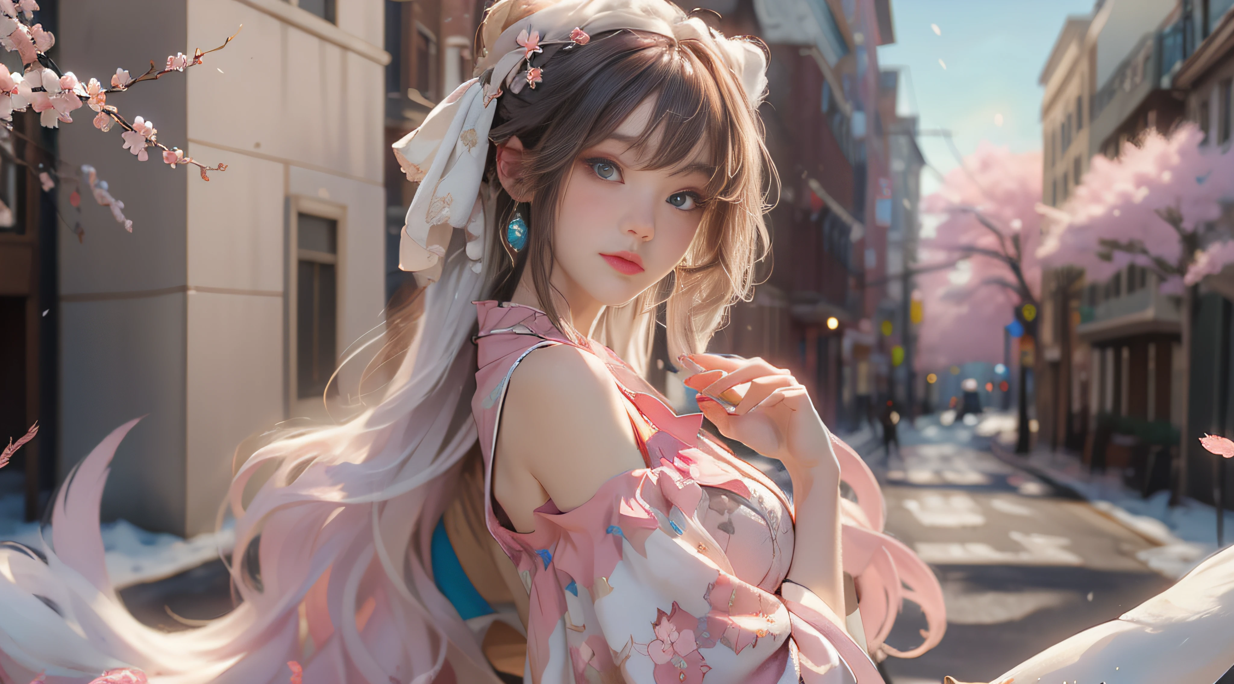 ((best qualtiy)), ((tmasterpiece)), (detail:1.4), Beautiful cyberpunk female images,hdr(HighDynamicRange),Ray traching,NVIDIA RTX,Hyper-Resolution,illusory 5,sub surface scattering,PBR textures,post-proces,Anisotropy Filtering,depth of fields,maximum definition and sharpness,Many-Layer Textures,Albedo e mapas Speculares,Surface coloring,Mitsu-Accurate simulation of material interactions,perfectly proportioned,rendering by octane,Two-colored light,largeaperture,Low ISO,White balance,Rule three points、8K raw data、Beautiful bright blue pupils,off-the-shoulder clothes,Fine pupils,Delicate face and eyes,long eyelasher,Blushlush,Delicate and fluffy hair,pink lip,Pure,Cute face,Sweet girl,Artistic sense,Casual wear,Advancedsense,butterflys,Cherry blossom petal,Beautiful hair accessories,Long hair and waist,Hair fluttering in the wind,Snow-white fox ears,curlies,Snow-white fluffy tail,Positive light,The light from the back window is backlighted