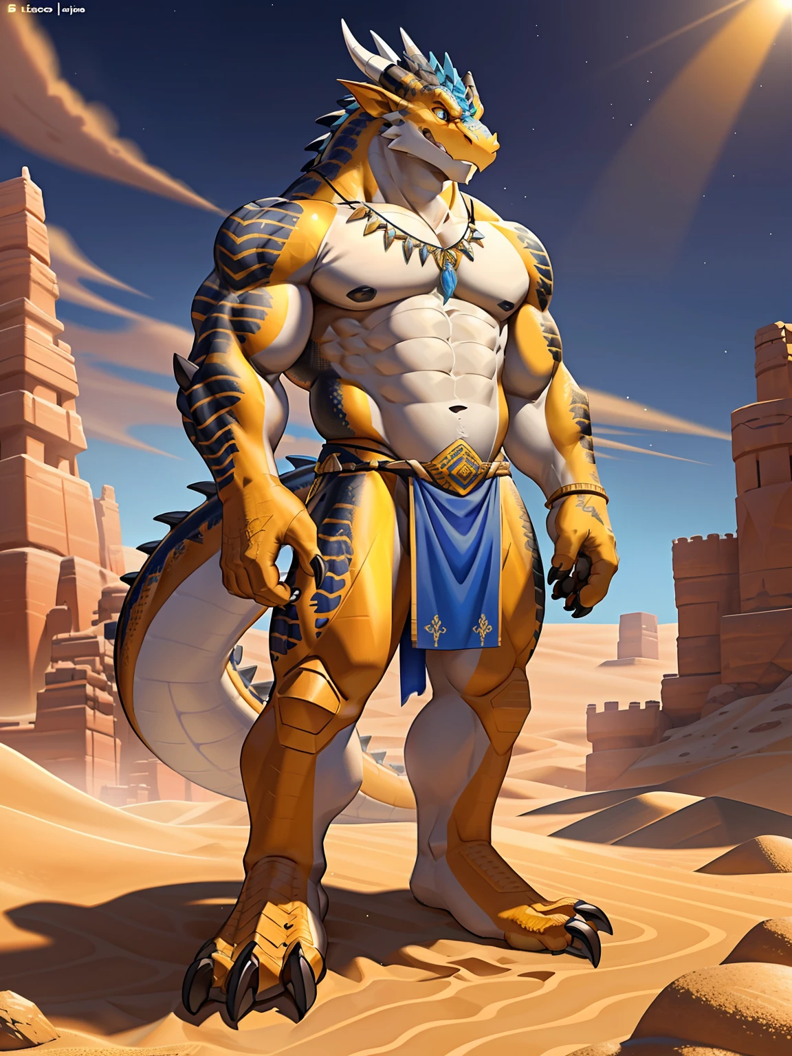 A high resolution，anthro dragon，Fine scale texture，musculous，The golden scales are dotted with black scales，White belly，Wingless，Blue needle-like pupil eyes，shyexpression，A gesture that beckons to the audience，banya，sharp talons，coda，In the daytime,Wear a long yellow loincloth，Wear a blue necklace，Desert background，Stand on the dunes，sandstorms，Dust，thermography，独奏，8K masterpiece，Best quality at best, The is very detailed, Be expressive, Epic setup, The is very detailed, photography of, Cinema lights, Complicated details, depth of fields, Background bokeh，Full body photo