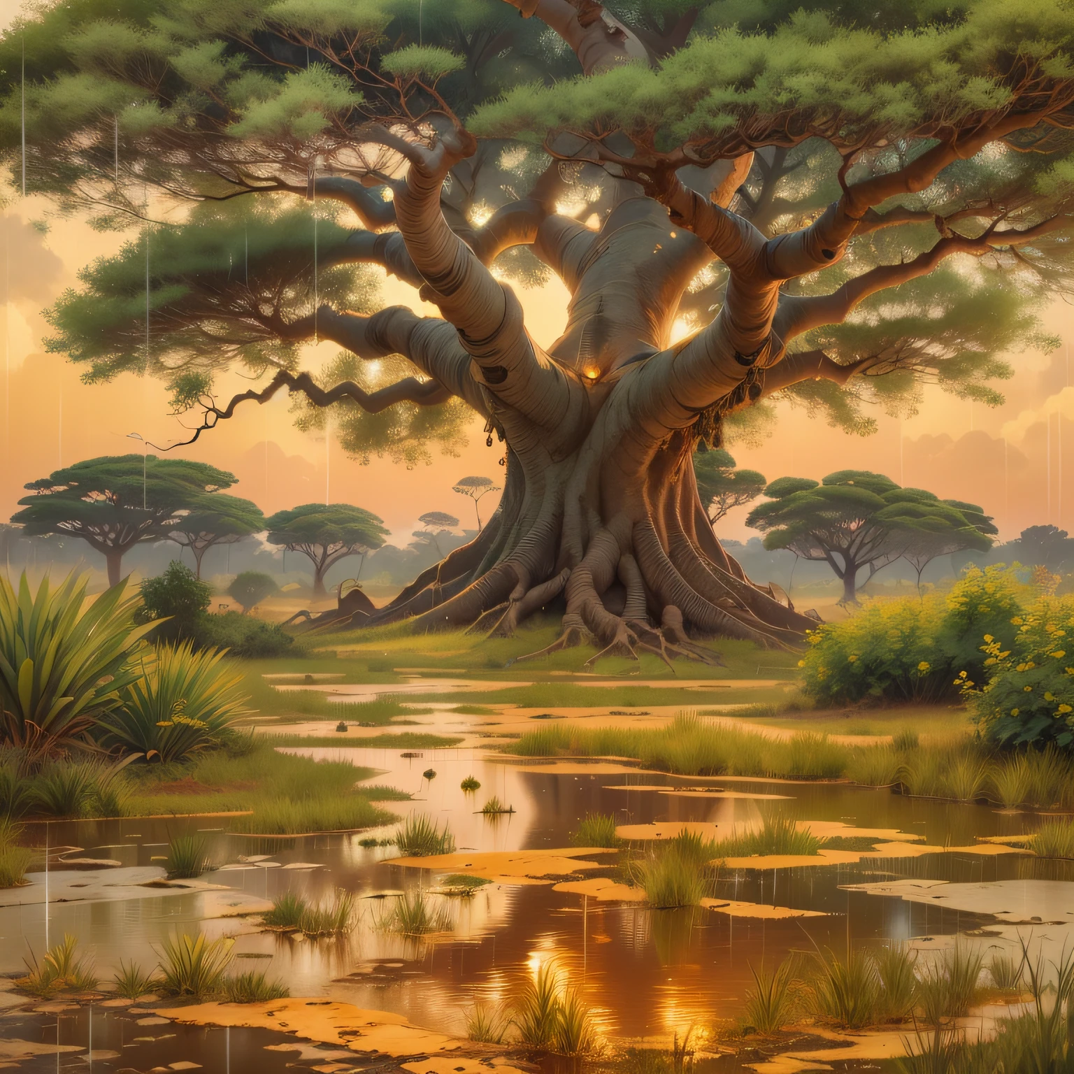 "Depicts an exterior scene of an African savannah, with dynamic weather conditions, such as rain, to add an extra element of realism and drama using Unreal Engine and particles. color acrylic watercolor oil painting woodcut lush geometry lush landscape, wet floor , a grandiose wild tree, african golden imbondeiro tree, baobab tree behind Honor Magic 5 Pro Cracked geometric details crazy details 8k happy atmosphere Botswana Stunning, style of painter Vincent van Gogh,