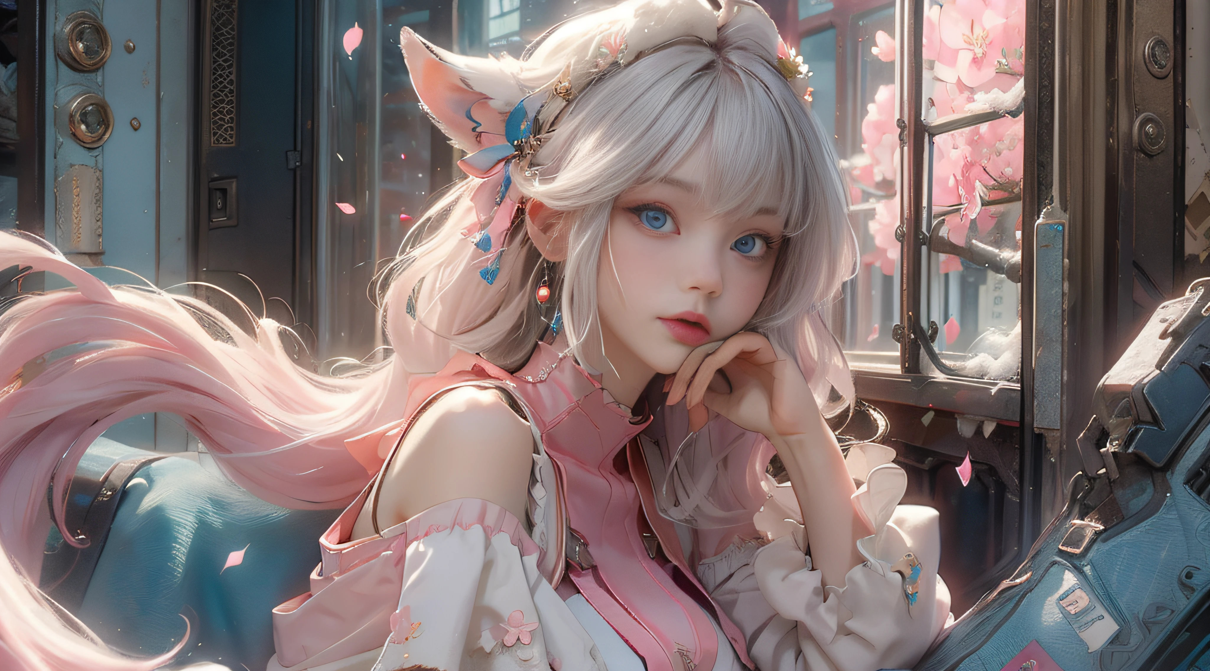 ((best qualtiy)), ((tmasterpiece)), (detail:1.4), Beautiful cyberpunk female images,hdr(HighDynamicRange),Ray traching,NVIDIA RTX,Hyper-Resolution,illusory 5,sub surface scattering,PBR textures,post-proces,Anisotropy Filtering,depth of fields,maximum definition and sharpness,Many-Layer Textures,Albedo e mapas Speculares,Surface coloring,Mitsu-Accurate simulation of material interactions,perfectly proportioned,rendering by octane,Two-colored light,largeaperture,Low ISO,White balance,Rule three points、8K raw data、Beautiful bright blue pupils,off-the-shoulder clothes,Fine pupils,Delicate face and eyes,long eyelasher,Blushlush,Delicate and fluffy hair,pink lip,Pure,Cute face,Sweet girl,Artistic sense,Casual wear,Advancedsense,butterflys,Cherry blossom petal,Beautiful hair accessories,Long hair and waist,Hair fluttering in the wind,Snow-white fox ears,curlies,Snow-white fluffy tail,Positive light,The light from the back window is backlighted
