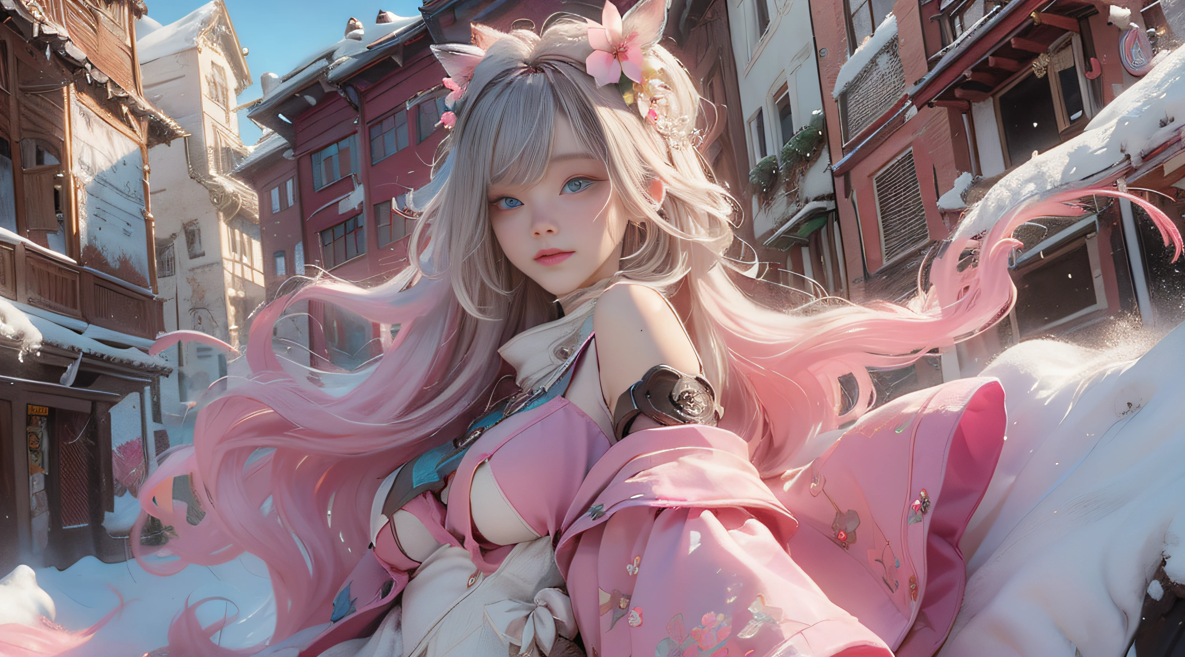 ((best qualtiy)), ((tmasterpiece)), (detail:1.4), Beautiful cyberpunk female images,hdr(HighDynamicRange),Ray traching,NVIDIA RTX,Hyper-Resolution,illusory 5,sub surface scattering,PBR textures,post-proces,Anisotropy Filtering,depth of fields,maximum definition and sharpness,Many-Layer Textures,Albedo e mapas Speculares,Surface coloring,Mitsu-Accurate simulation of material interactions,perfectly proportioned,rendering by octane,Two-colored light,largeaperture,Low ISO,White balance,Rule three points、8K raw data、Beautiful bright blue pupils,off-the-shoulder clothes,Fine pupils,Delicate face and eyes,long eyelasher,Blushlush,Delicate and fluffy hair,pink lip,Pure,Cute face,Sweet girl,Artistic sense,Casual wear,Advancedsense,butterflys,Cherry blossom petal,Beautiful hair accessories,Long hair and waist,Hair fluttering in the wind,Snow-white fox ears,curlies,Snow-white fluffy tail,Positive light,The light from the back window is backlighted