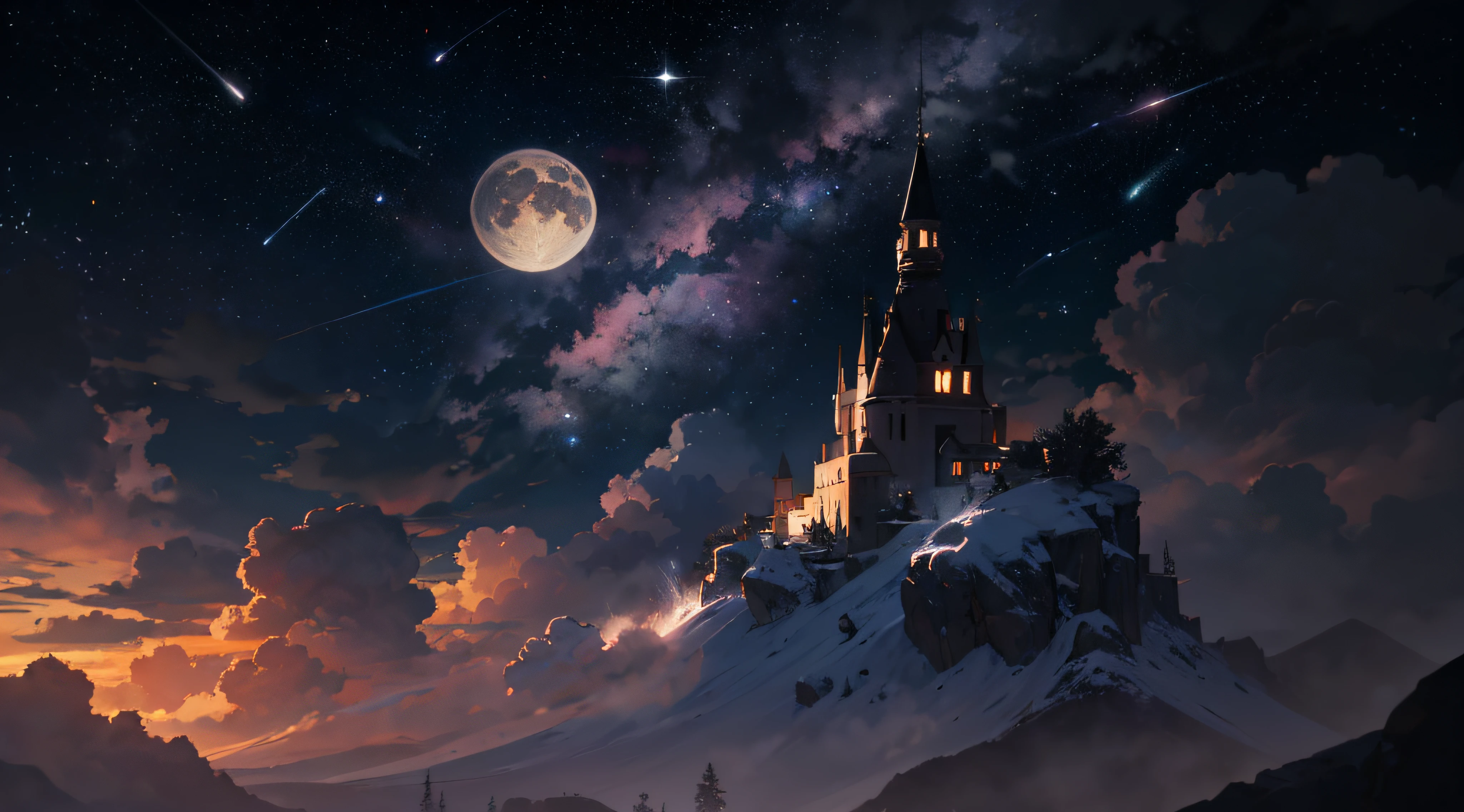 Expansive landscape photograph，（moon full：1.2），（meteors：0.9），（Starcloud：1.3），（Warm light source：1.2），（glowworm：1.2），lamp lights，Lots of purple and orange，Complicated details，Volumetriclighting，Realism BREAK（tmasterpiece：1.2），（best qualtiy），8K，Ultra-detailed，（dynamic compositions：1.4），The is very detailed，Colorful details，（Irridescent color：1.2），（luminouslighting，Atmospheric lighting），dream magical，magical，（独奏：1.2），（（best qualtiy））， （（tmasterpiece））， （the detail：1.4），depth of fields，maximum definition and sharpness，perfectly proportions，Fluttering clouds，Wallpapers