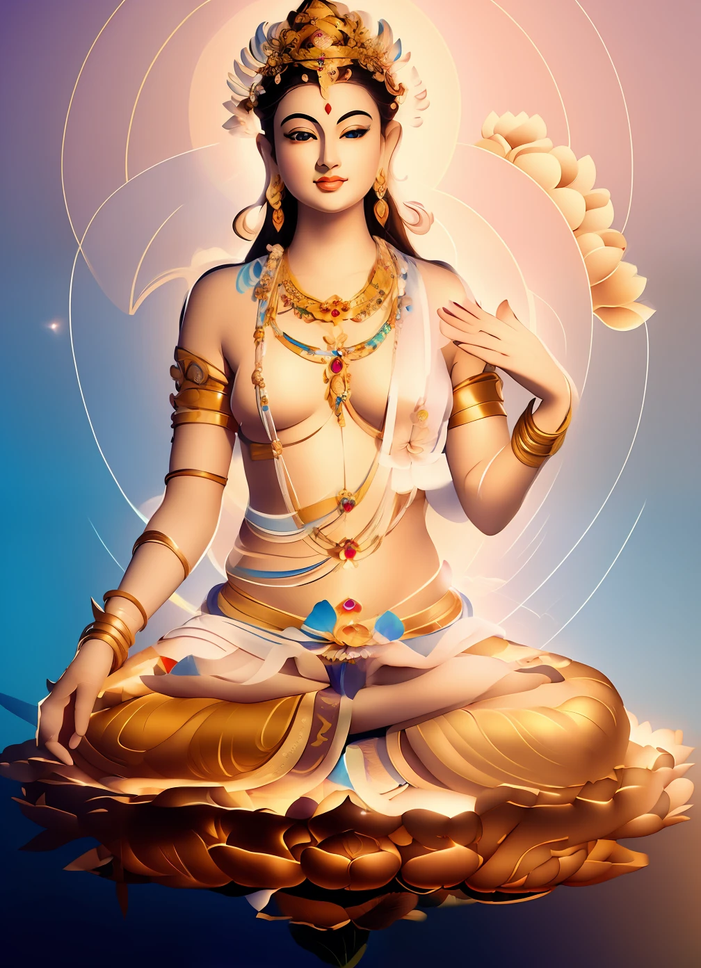 There is a beautiful goddess sitting on a large lotus flower in the void,Perfect body posture,Cross-legged sacral position,Long curved eyebrows,Beautiful eyes sparkle,The large, Jewel-like eyes sparkle,Clear pupils have reflected light,二重まぶた,((Plump and rosy lips))Nipples clearly visible,((Flushed cheeks)),The mandible is plump,Fair skin is delicate and smooth,Delicate skin translucent,A delicate and dexterous crown,inlaid gemstones,Exquisite and ingenious,inlaid gemstones,Sitting on a light red lotus in the air,look straight at the camera,((Pinch the stem of the lotus flower with one hand)),(((nice hand))),((((Good feet))),(((good legs))),realisticlying,white skinned,((Correct body structure)),White clothing,decorated in white,Meditate on the lotus pose,baiyun,Blue sky,Head background with round light,Behind him is a colorful rainbow circle,Color glow is turned on,Front lighting,Positive light,No shadows on the face,There are no shadows on the body,Blue sky,Unreal space,ethereal world,dreamworld,with blue sky and white clouds,tmasterpiece,4K,ultra-definition,professional photoshooting,Perspective looks up,Standard lens shooting,