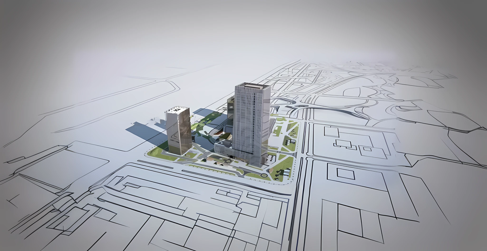 sharp hq rendering, building rendering, rendering, CG rendering,white backgrounid,dark linework,urban planning