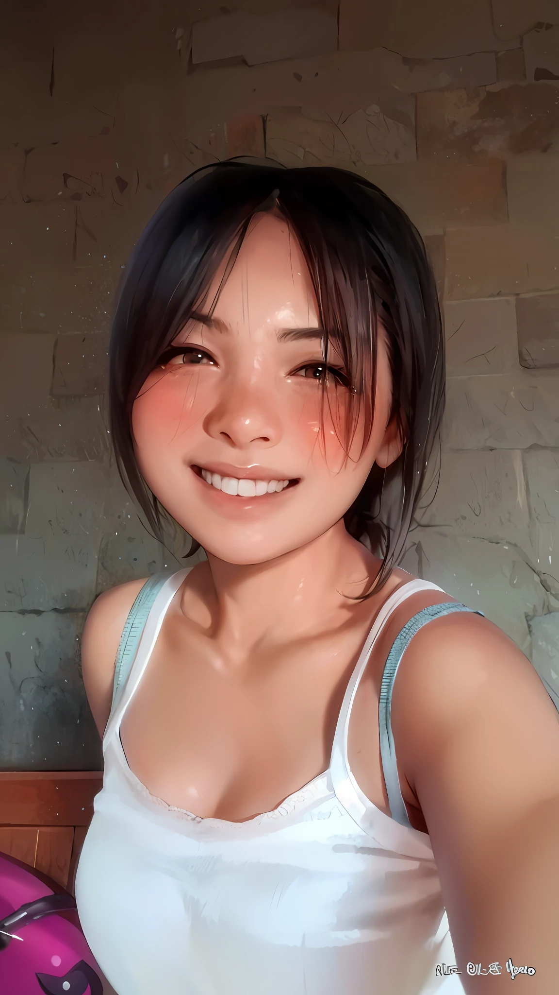 Masterpiece, best image quality, beautiful girl, , short hair, black hair, bangs, black cat suit, student, white blouse, from the waist up, close up, dark background, eye detail, big eyes, puffy eyes, smiling lips, spotty face, facing forward, realistic photo, real photo, double eyelids, Japanese girl, beautiful Asian girl, crying expression, facing straight, close up, white clothes, white blouse, , wearing glasses,
